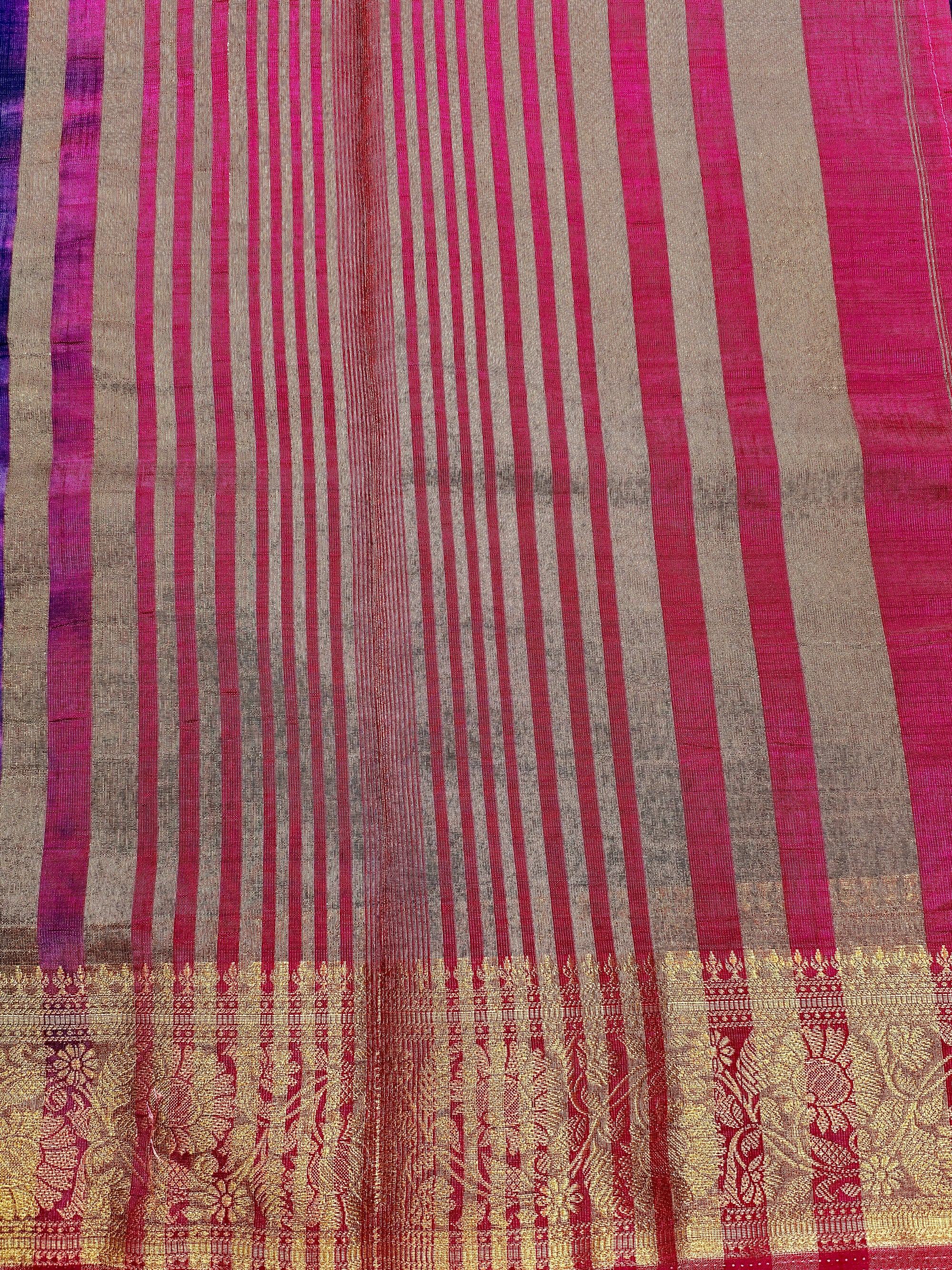 Navy Blue New Tussar Saree with Contrast Border & Embroidery