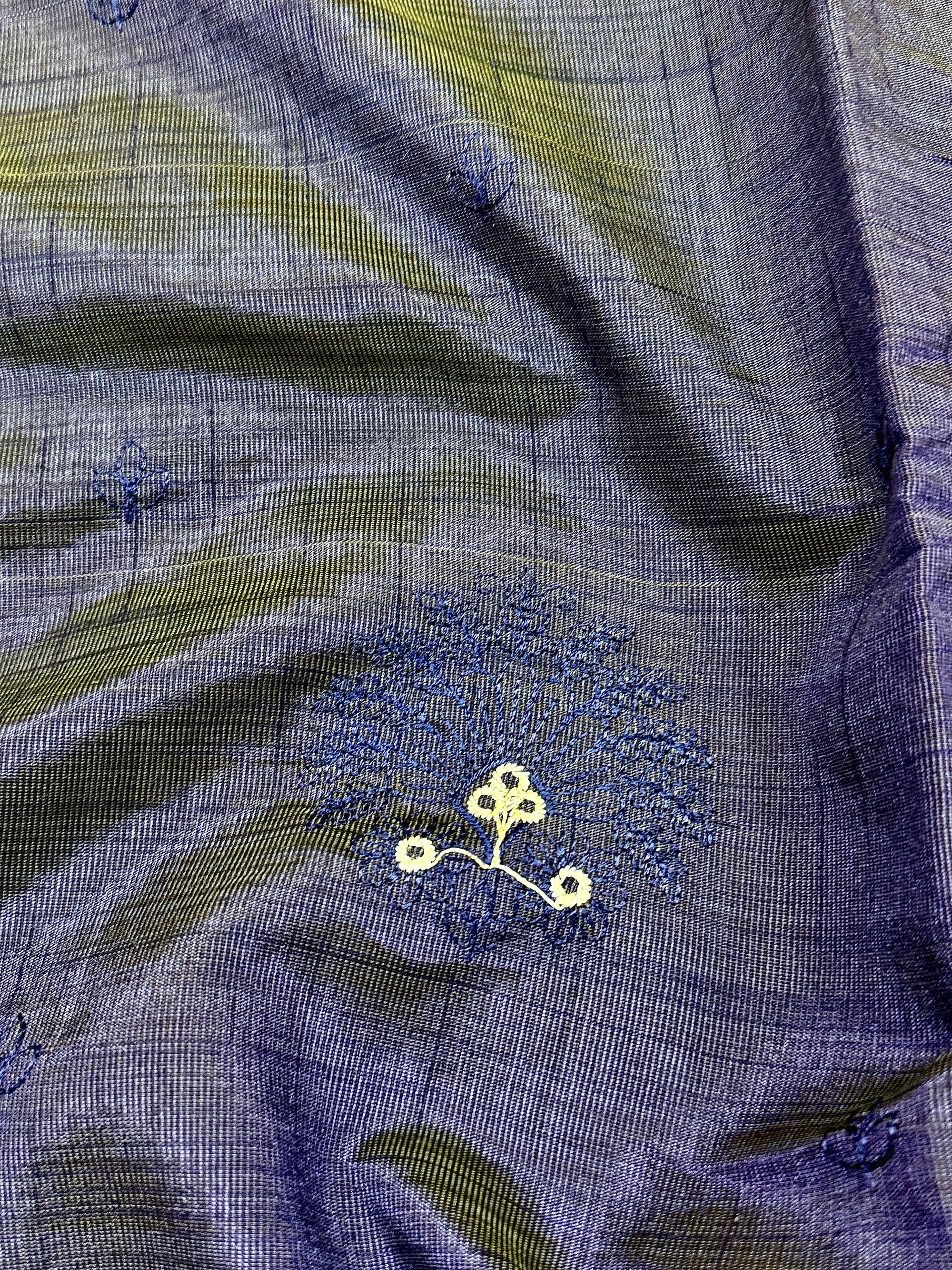 Navy Blue New Tussar Saree with Contrast Border & Embroidery