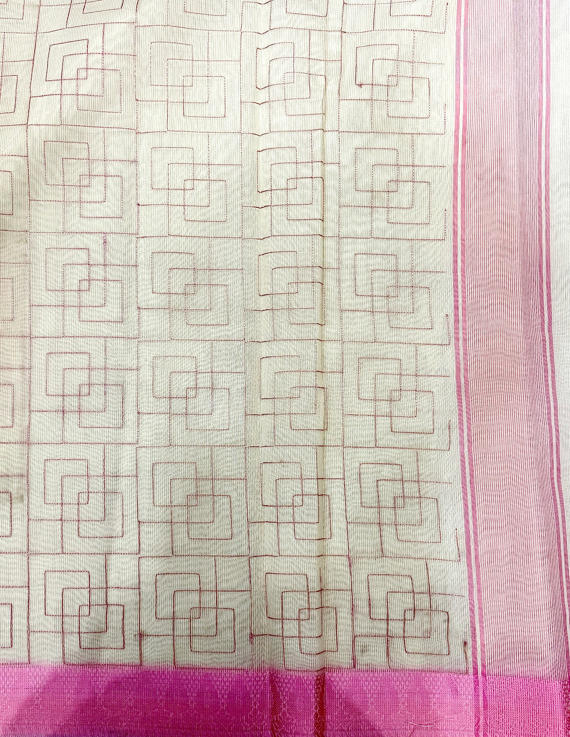 Off White Supernet Cotton Saree with Geometric Embroidery