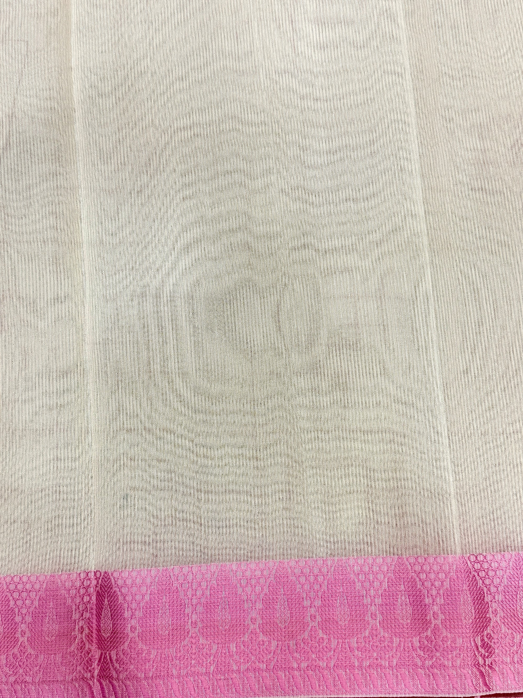 Off White Supernet Cotton Saree with Geometric Embroidery