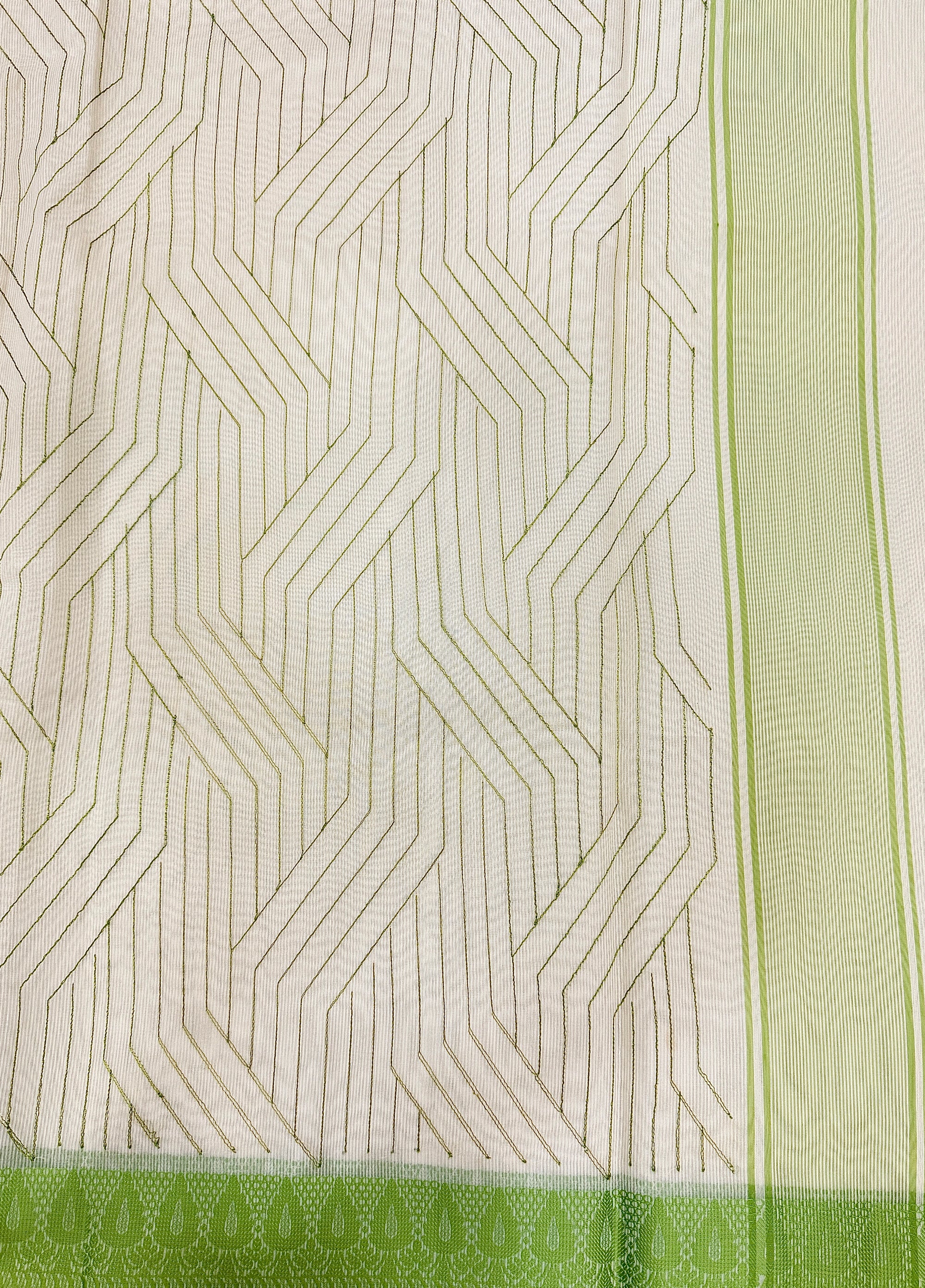 Off White Supernet Cotton Saree with Chevron Embroidery & Contrast Border