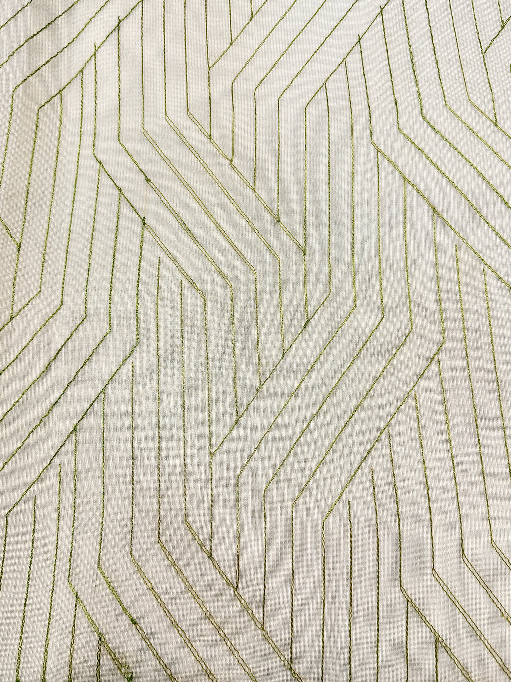 Off White Supernet Cotton Saree with Chevron Embroidery & Contrast Border