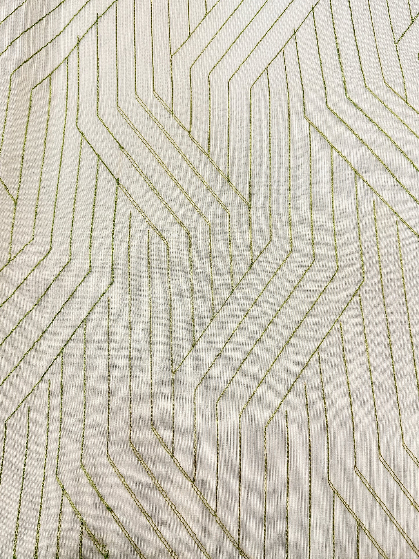 Off White Supernet Cotton Saree with Chevron Embroidery & Contrast Border