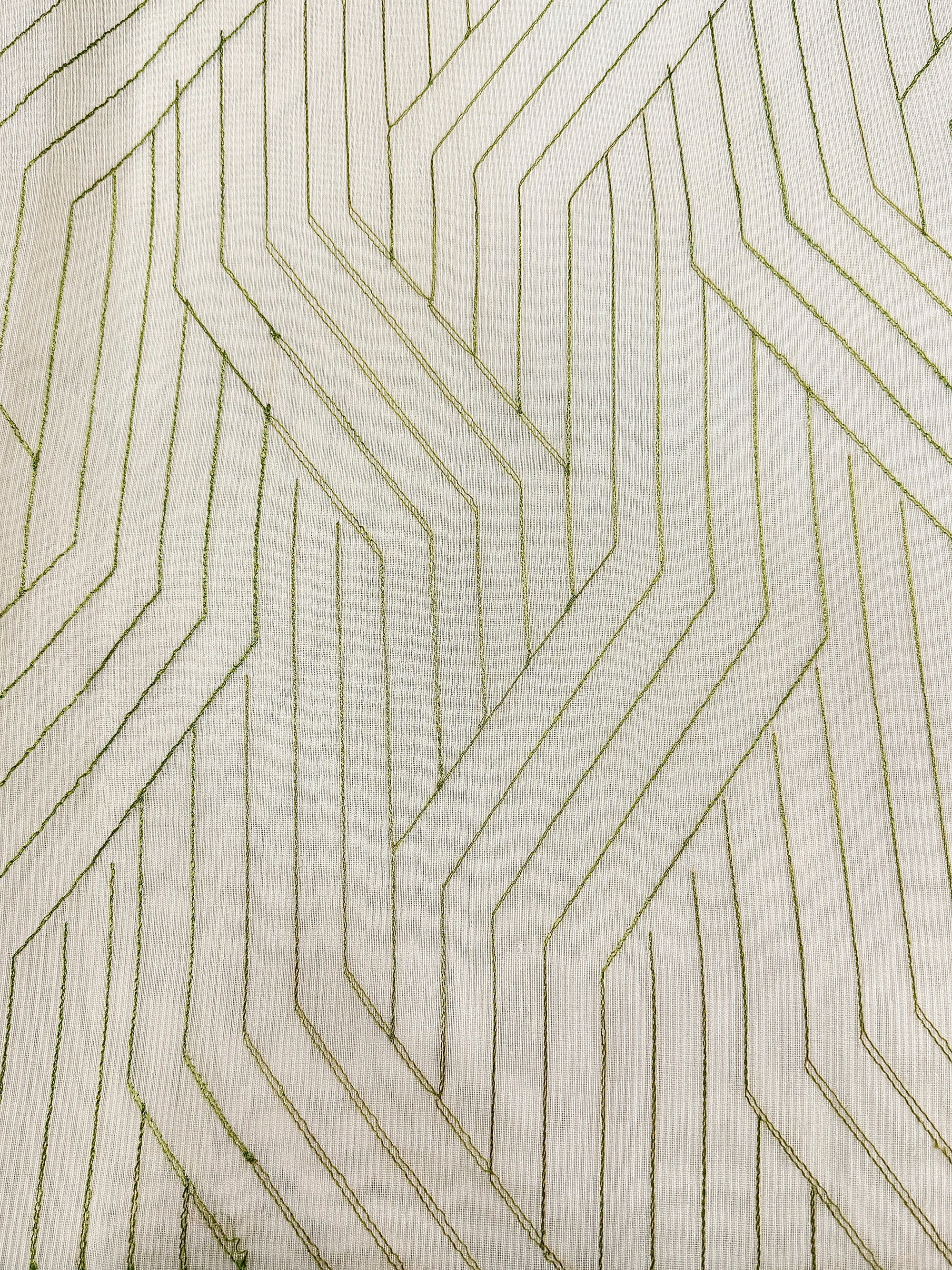 Off White Supernet Cotton Saree with Chevron Embroidery & Contrast Border