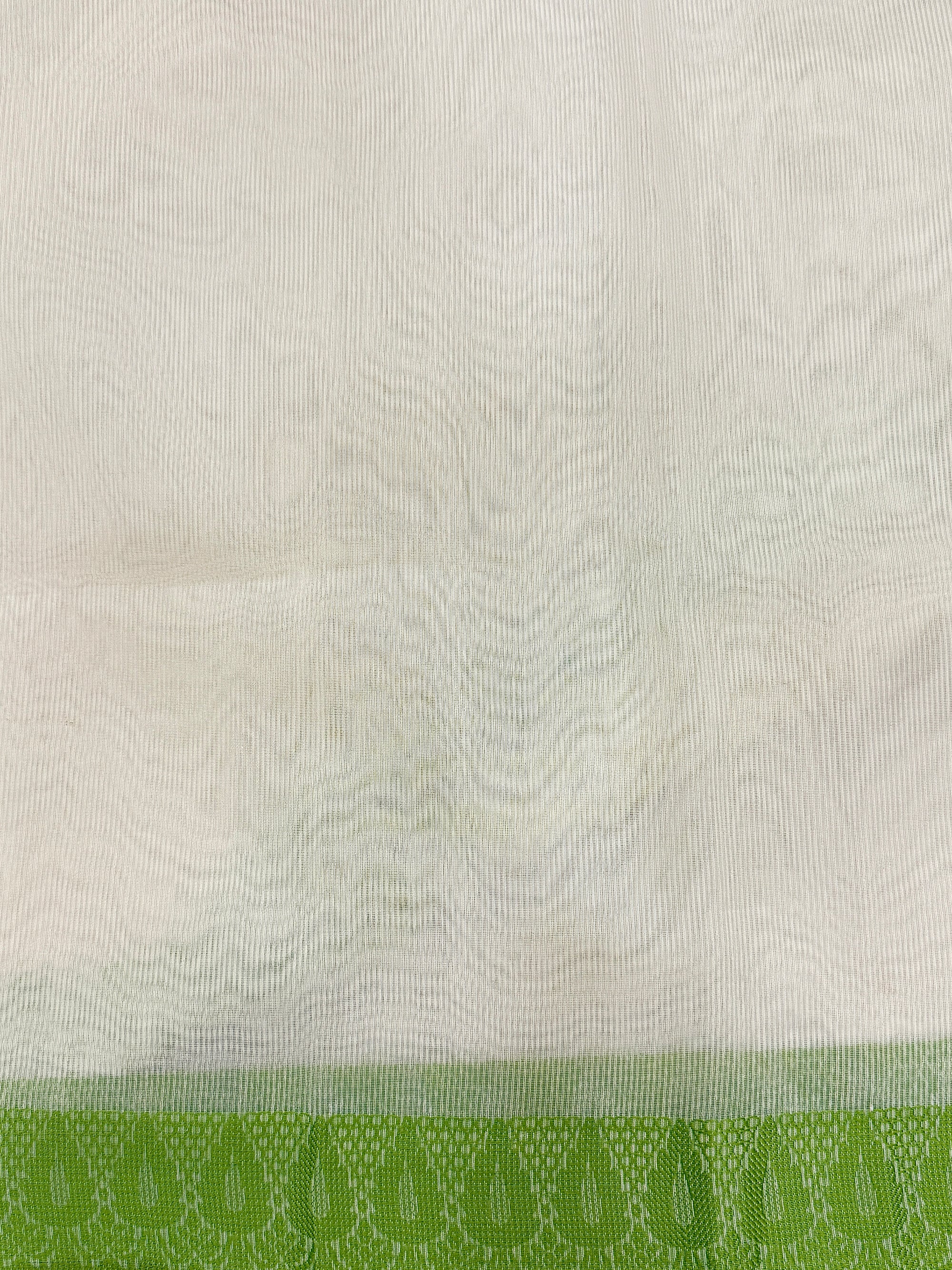 Off White Supernet Cotton Saree with Chevron Embroidery & Contrast Border