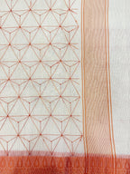 Off White Supernet Cotton Saree with Geometric Embroidery & Peach Border