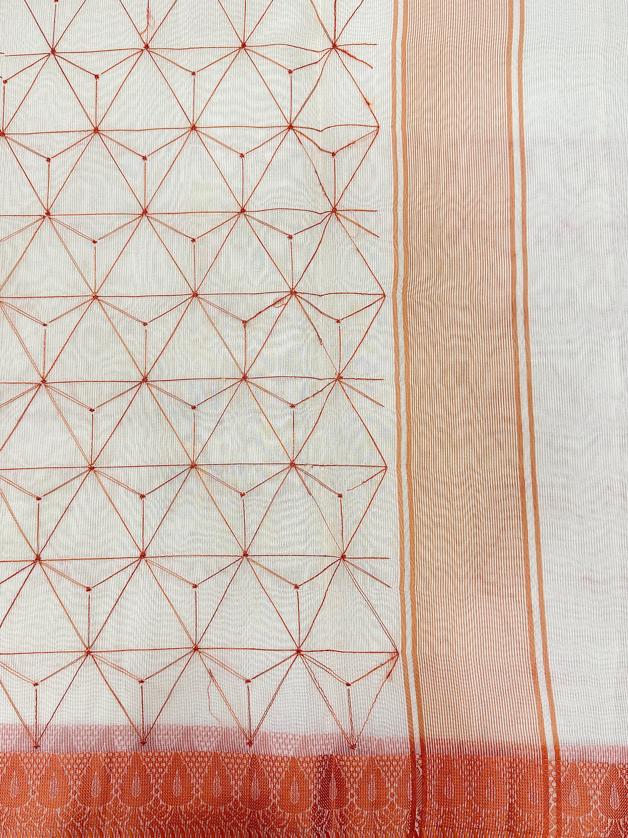 Off White Supernet Cotton Saree with Geometric Embroidery & Peach Border