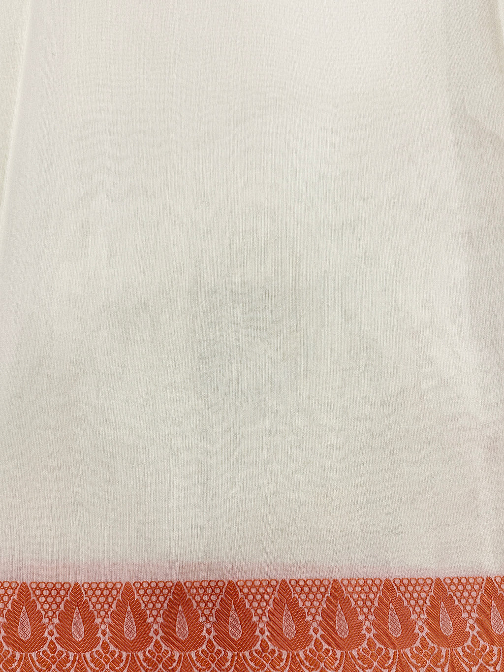 Off White Supernet Cotton Saree with Geometric Embroidery & Peach Border