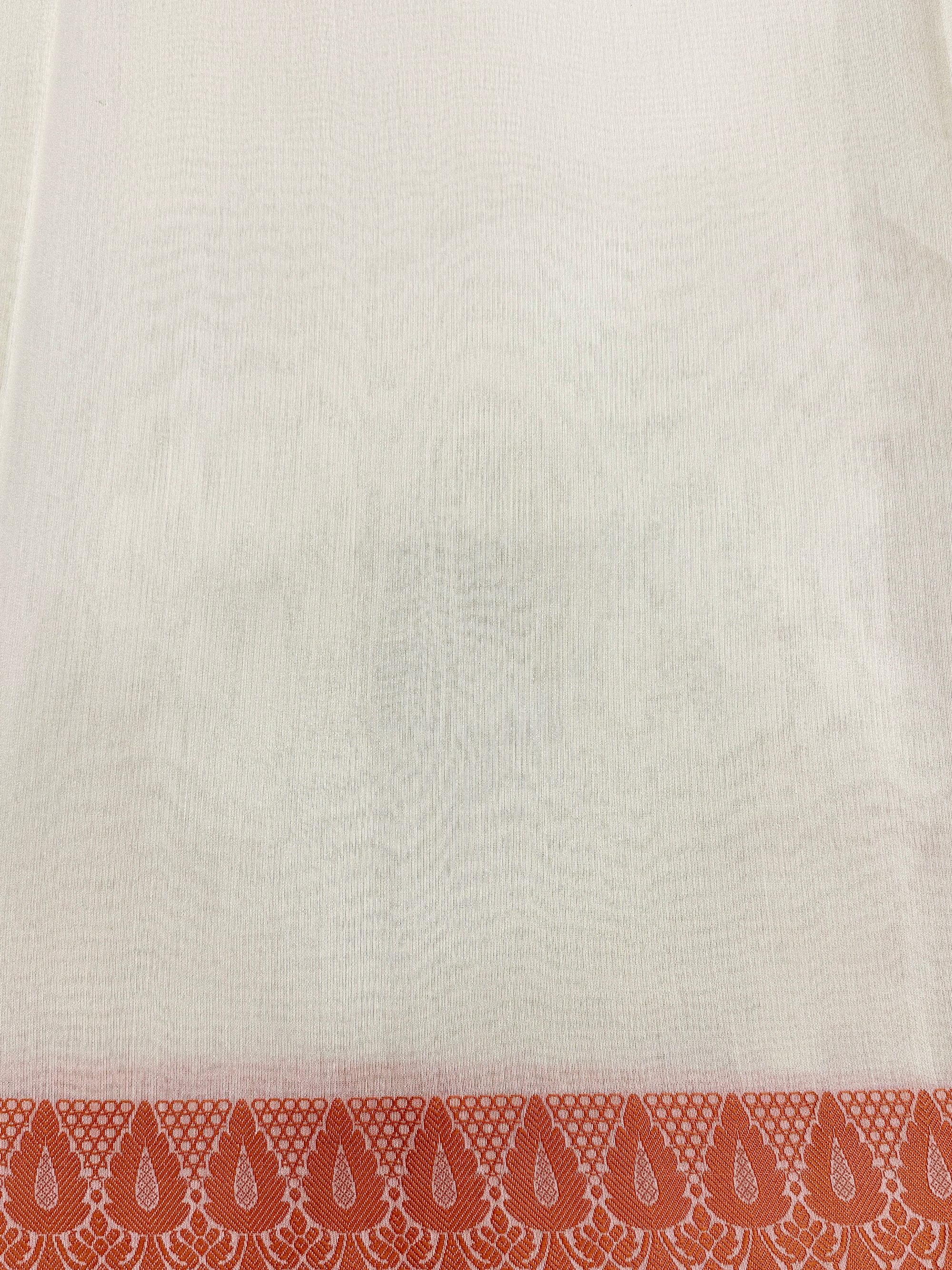 Off White Supernet Cotton Saree with Geometric Embroidery & Peach Border