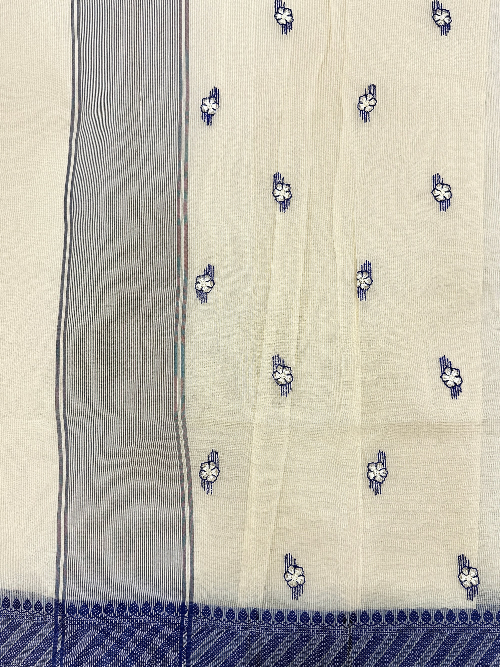 Off White Supernet Cotton Saree with Blue Buti & Woven Border