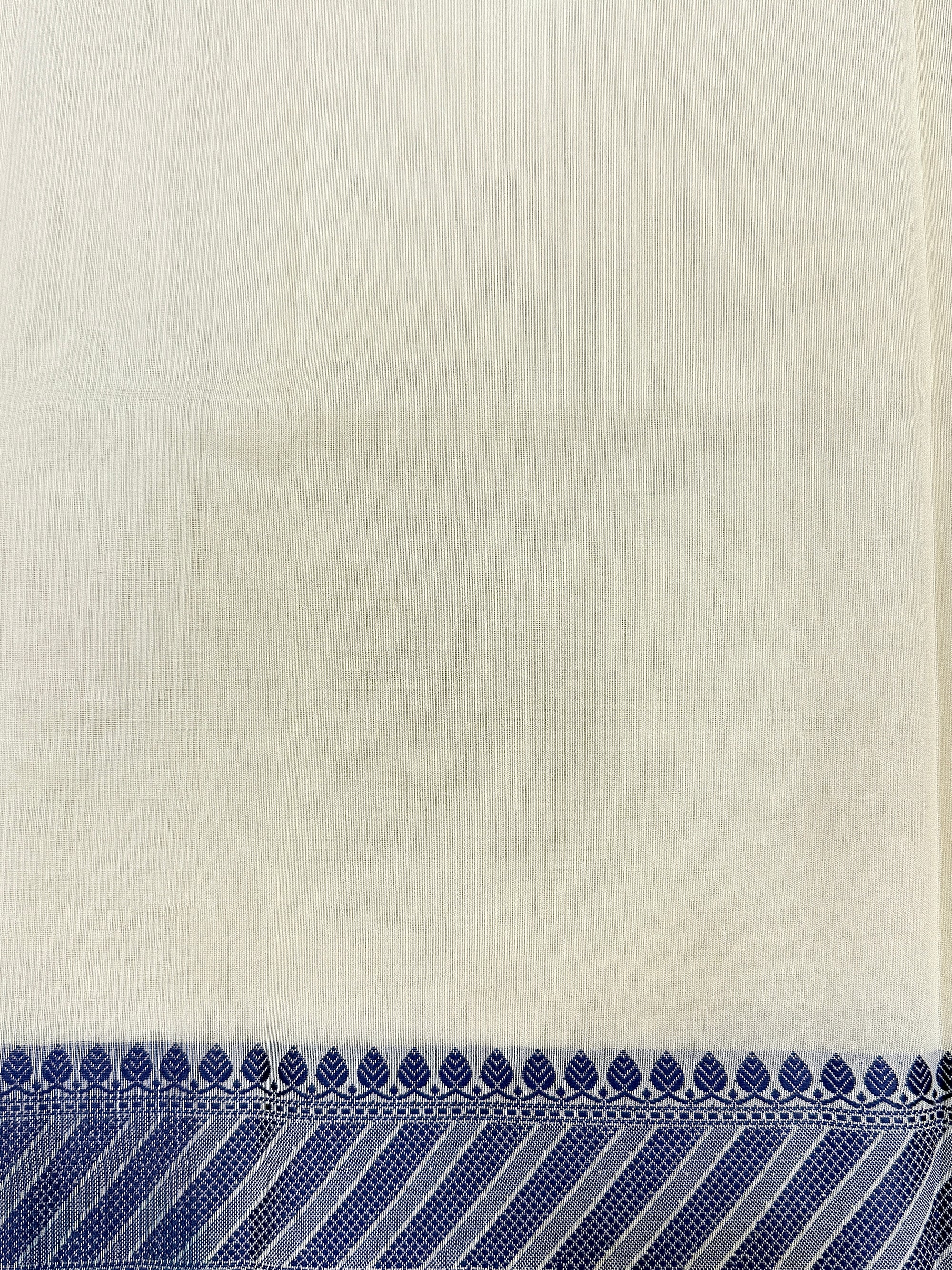 Off White Supernet Cotton Saree with Blue Buti & Woven Border