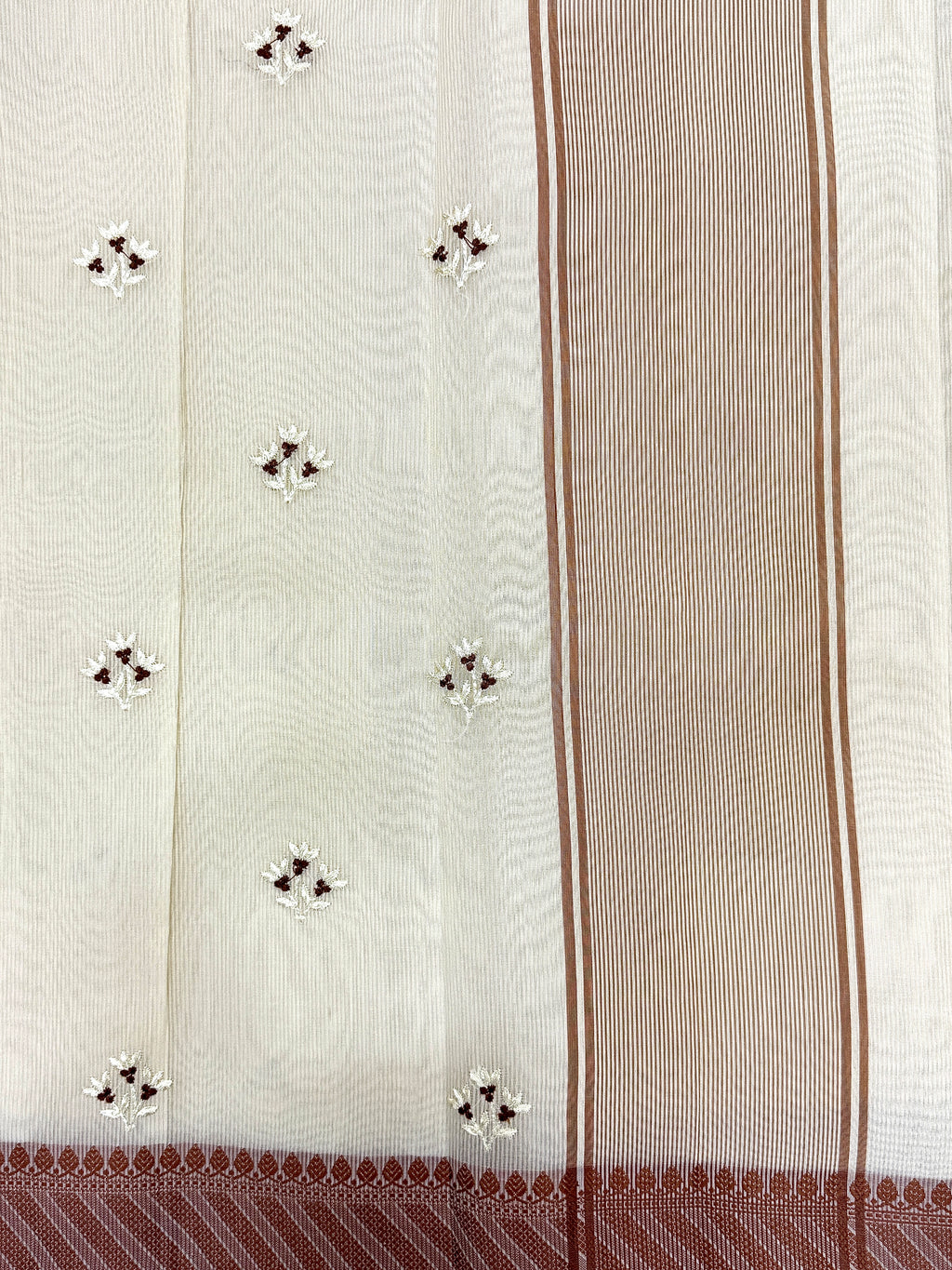 Beige Supernet Cotton Saree with Buti & Peach Woven Border