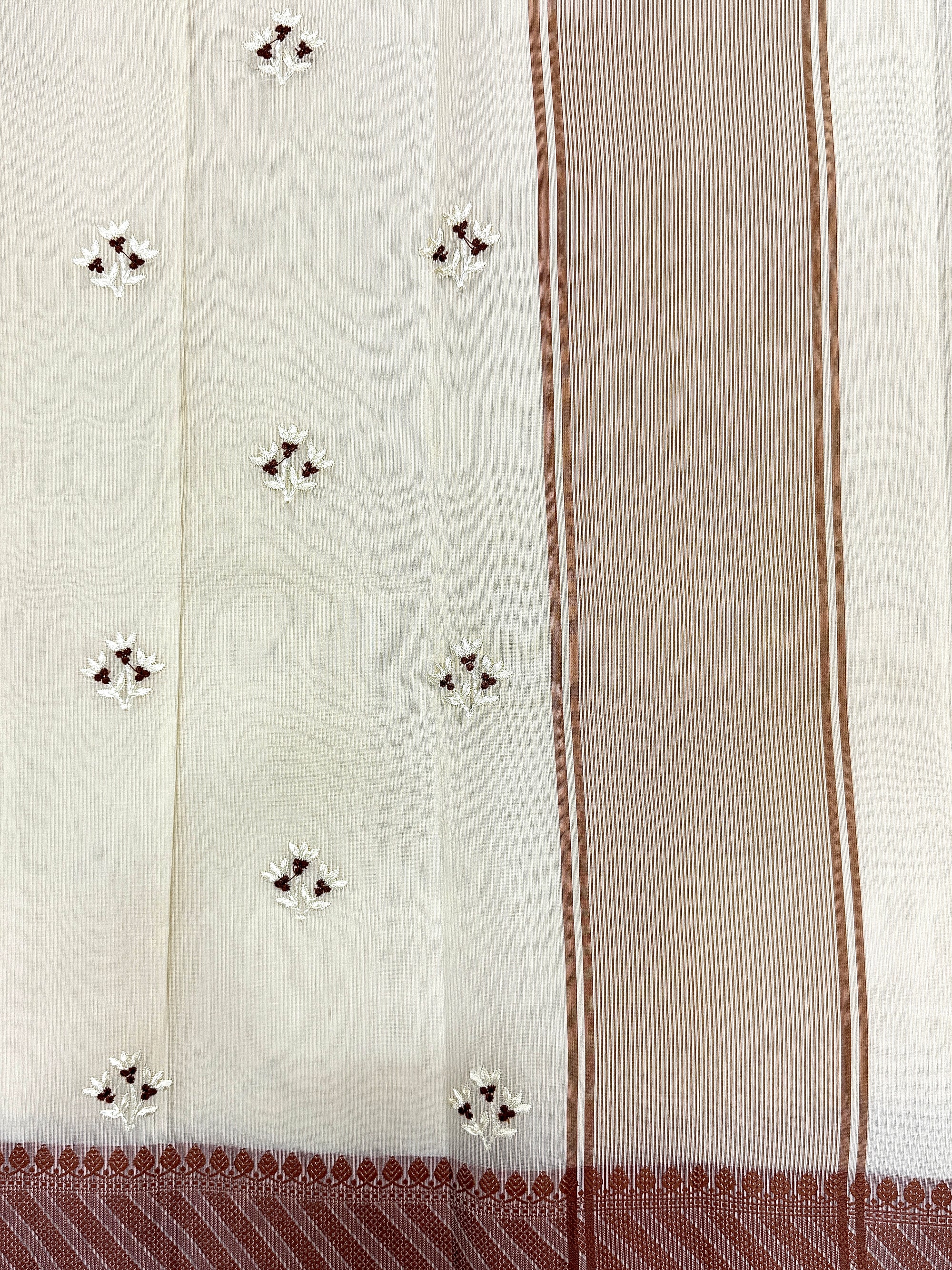 Beige Supernet Cotton Saree with Buti & Peach Woven Border