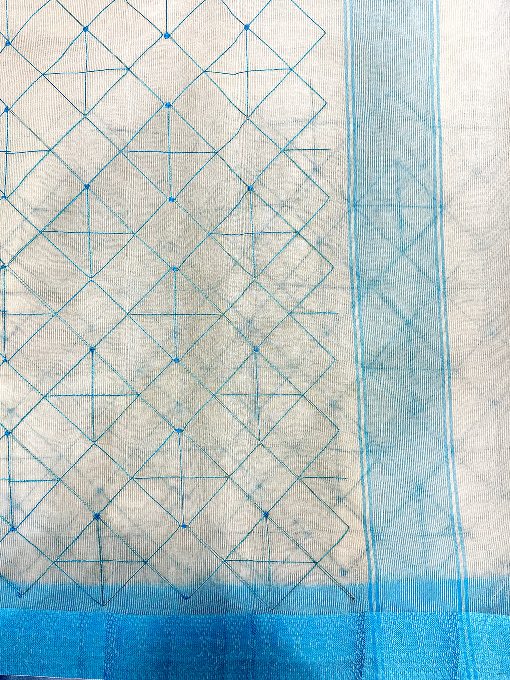 Off White Supernet Cotton Saree with Blue Geometric Embroidery & Contrast Border