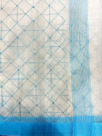 Off White Supernet Cotton Saree with Blue Geometric Embroidery & Contrast Border