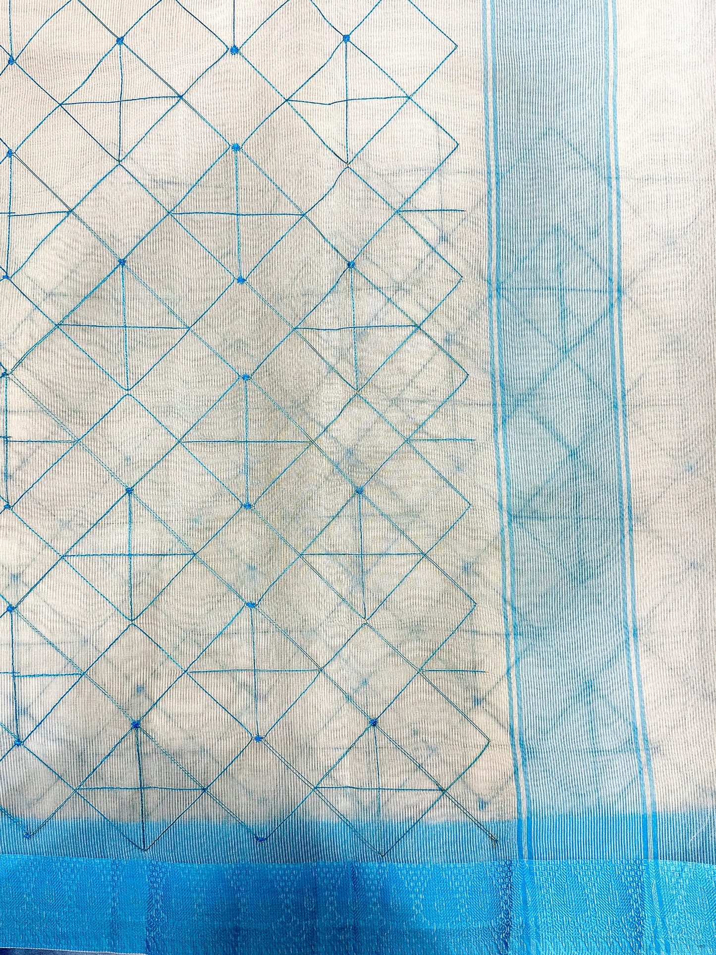 Off White Supernet Cotton Saree with Blue Geometric Embroidery & Contrast Border