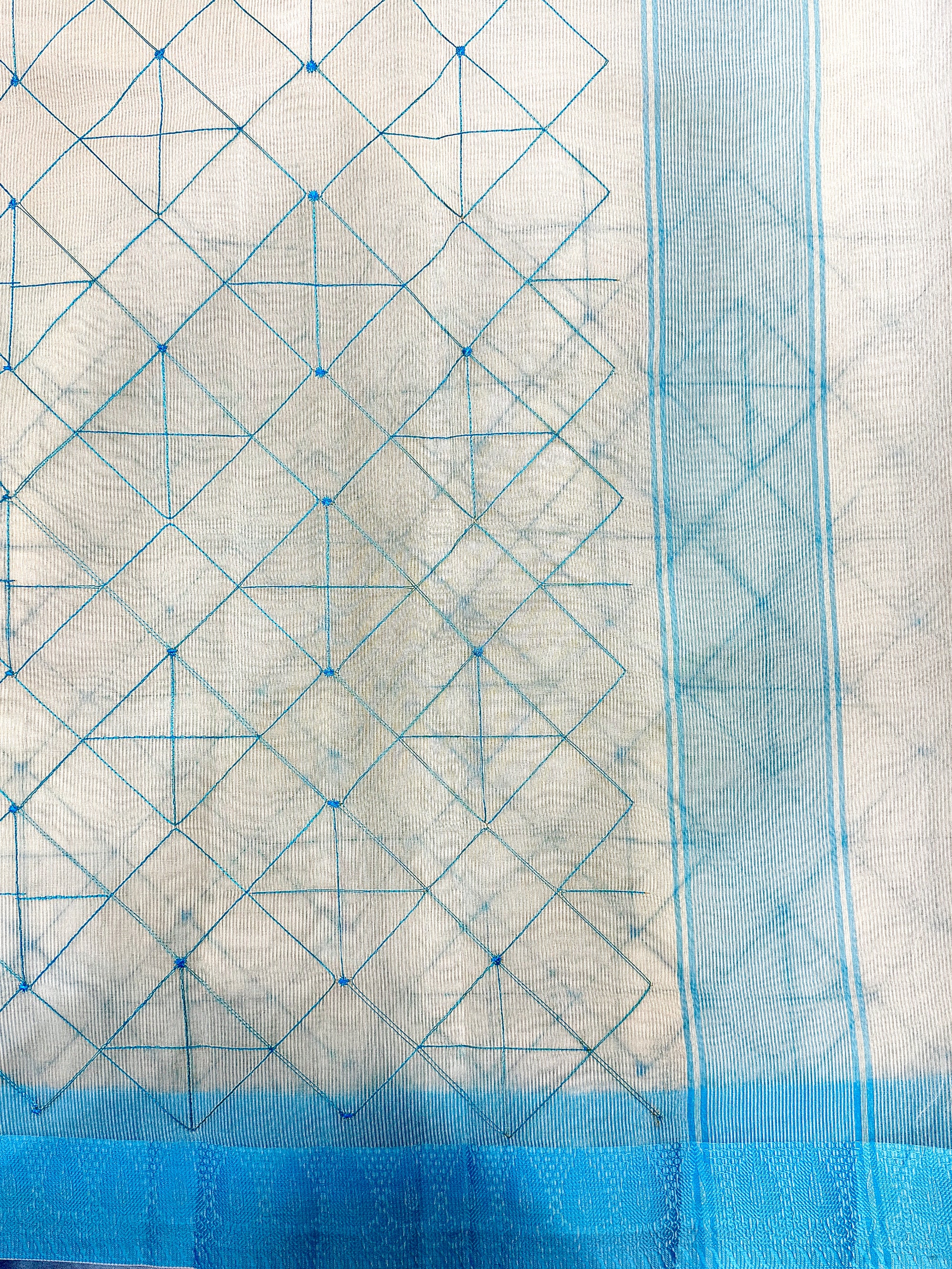 Off White Supernet Cotton Saree with Blue Geometric Embroidery & Contrast Border