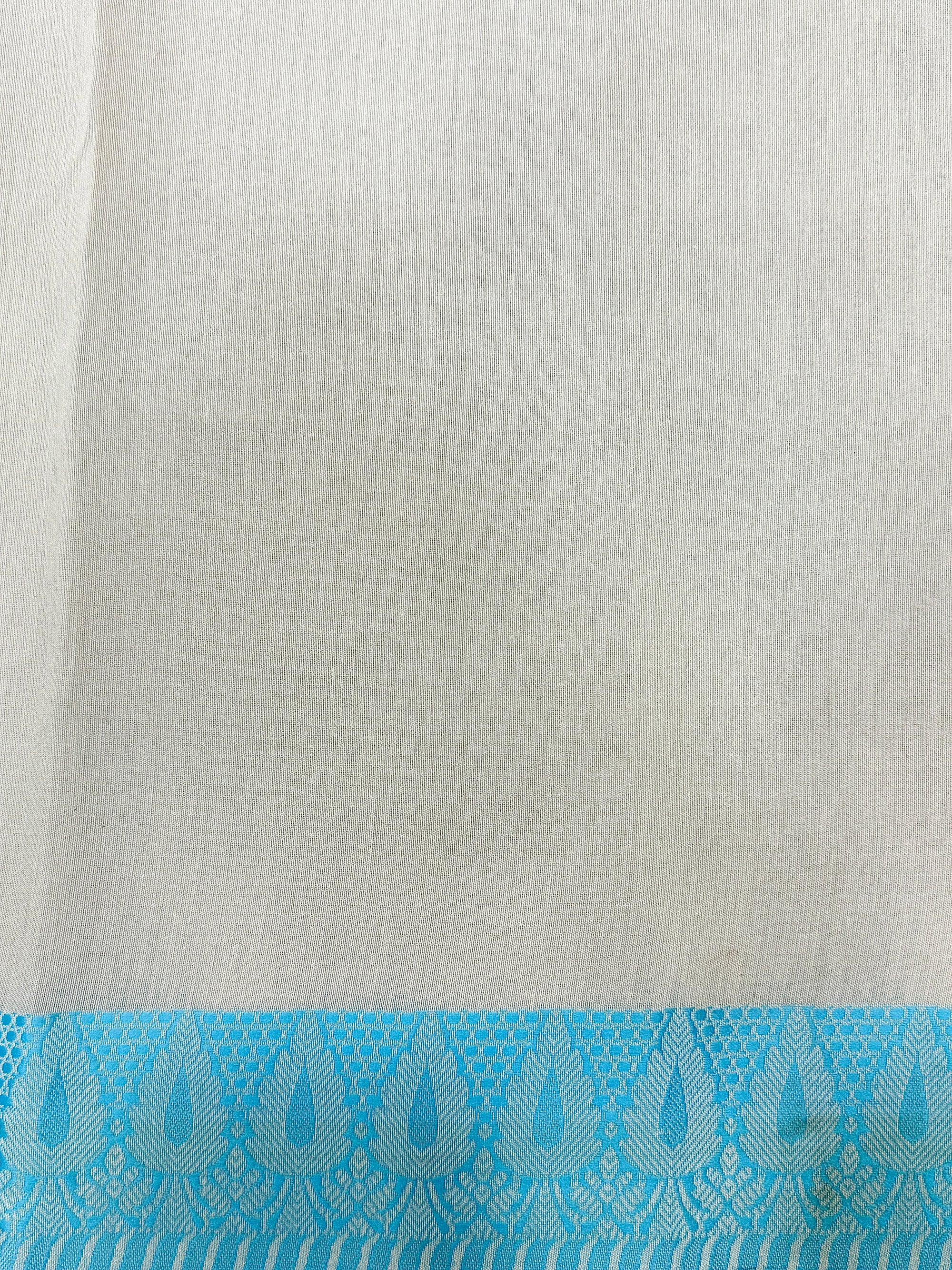 Off White Supernet Cotton Saree with Blue Geometric Embroidery & Contrast Border