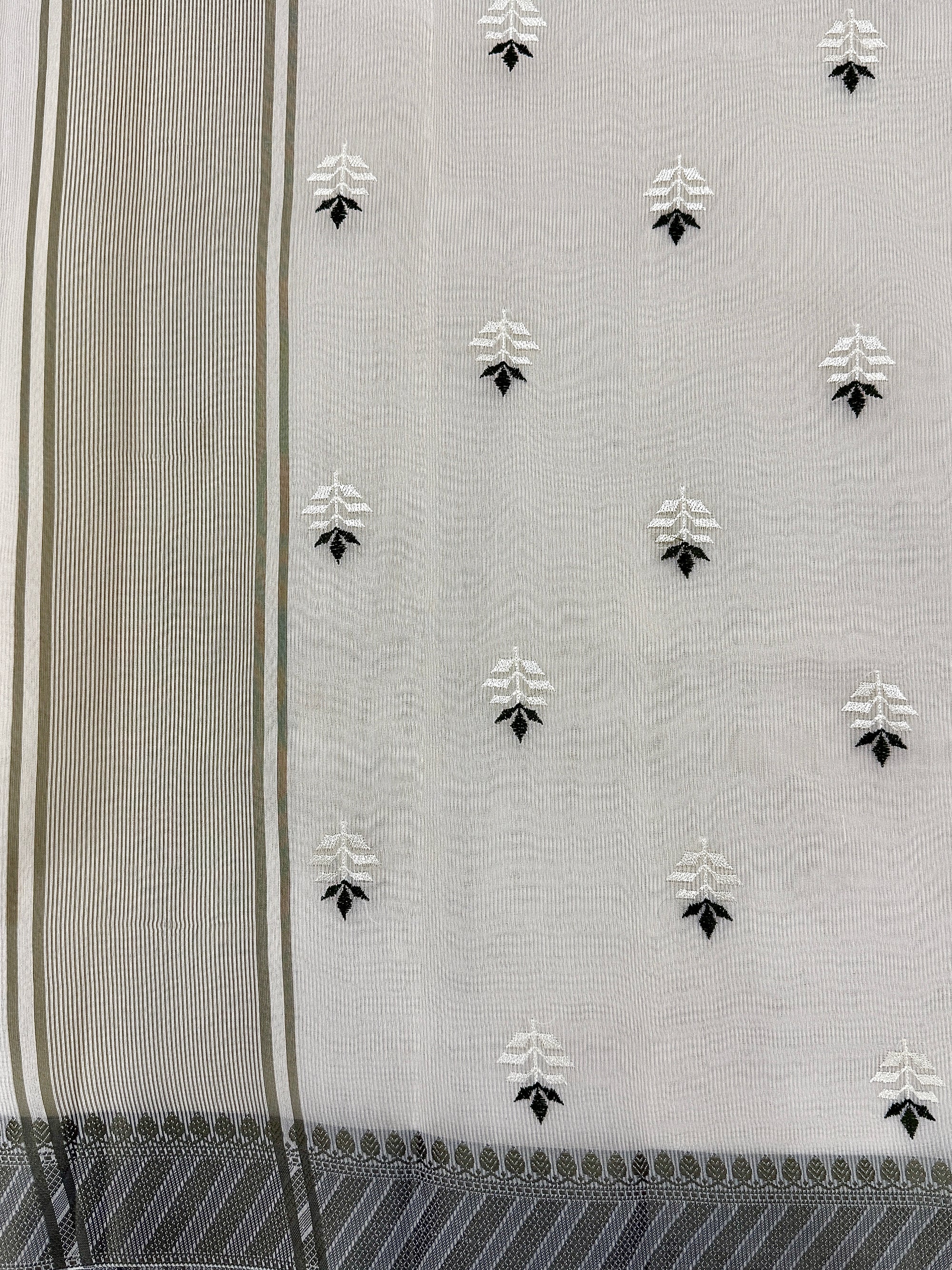 Off White Supernet Cotton Saree with Leaf Buti & Grey Woven Border