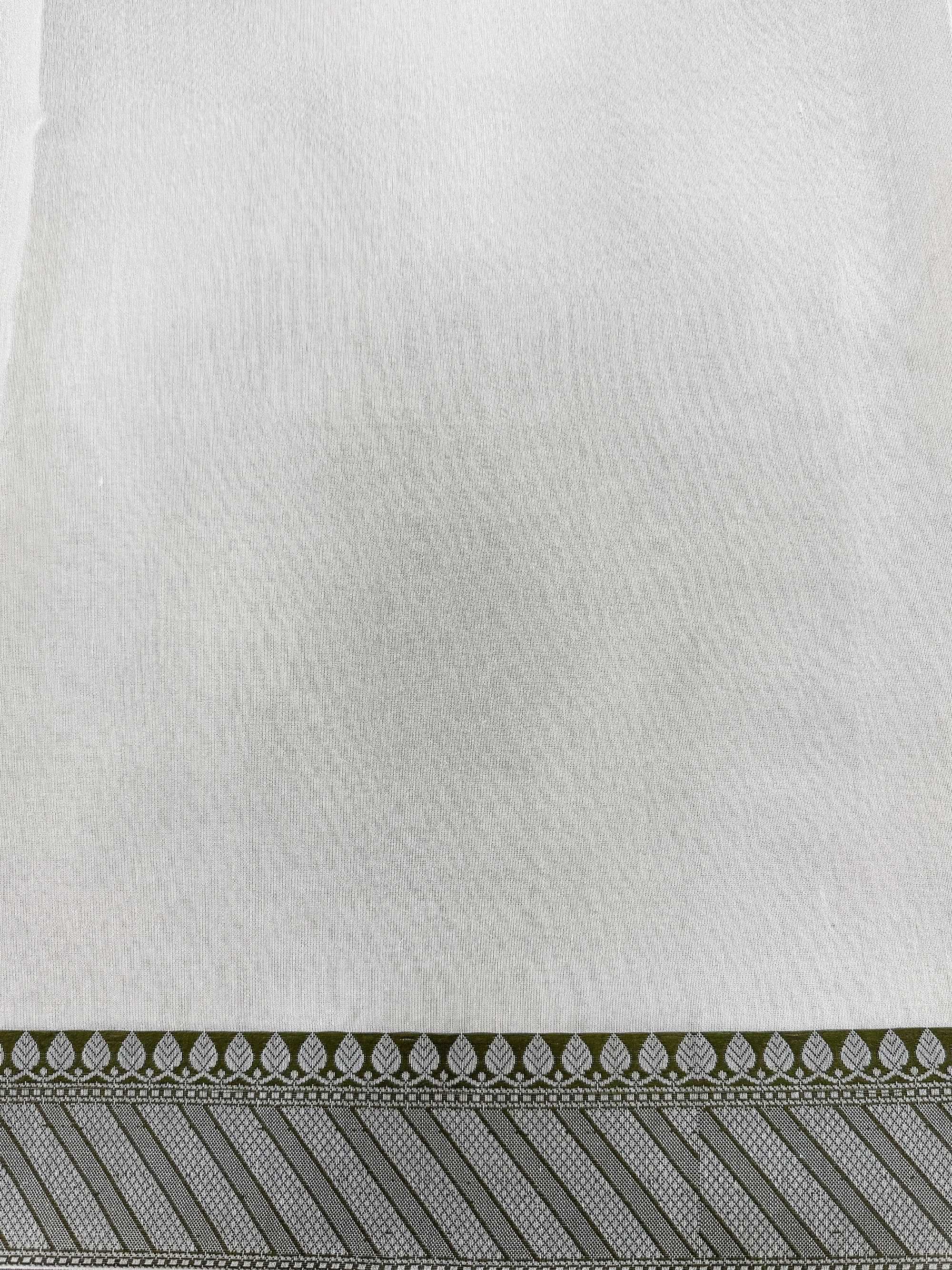 Off White Supernet Cotton Saree with Leaf Buti & Grey Woven Border