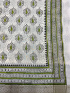 Off White Supernet Cotton Saree with Green Leaf Embroidery & Tribal Border