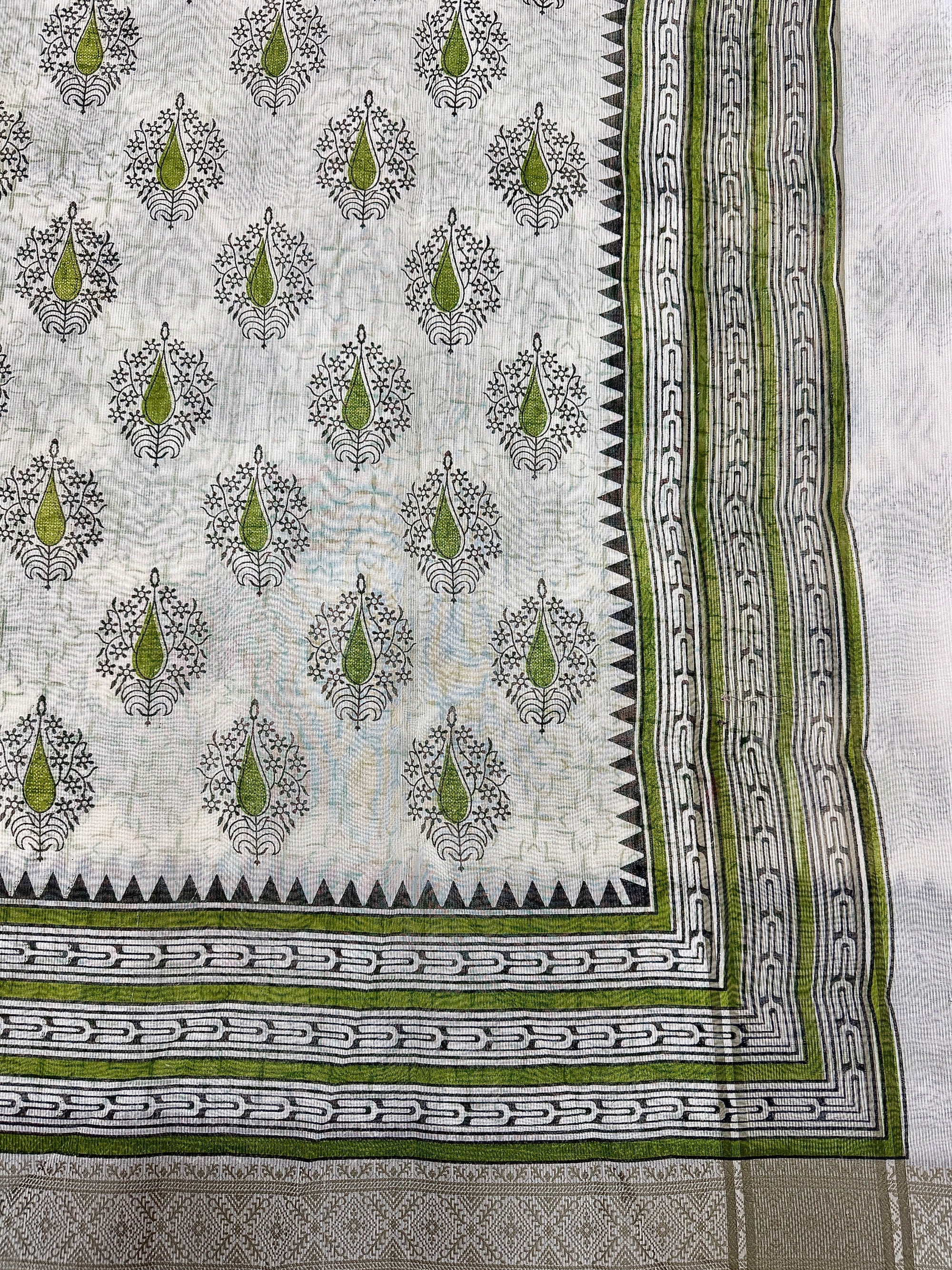 Off White Supernet Cotton Saree with Green Leaf Embroidery & Tribal Border
