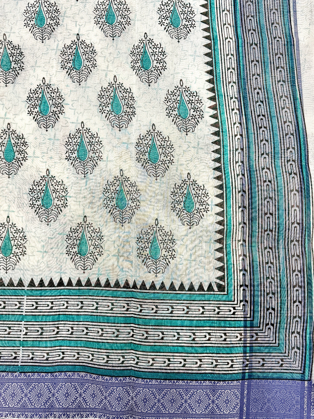 Off White Supernet Cotton Saree with Teal Leaf Embroidery & Contrast Border