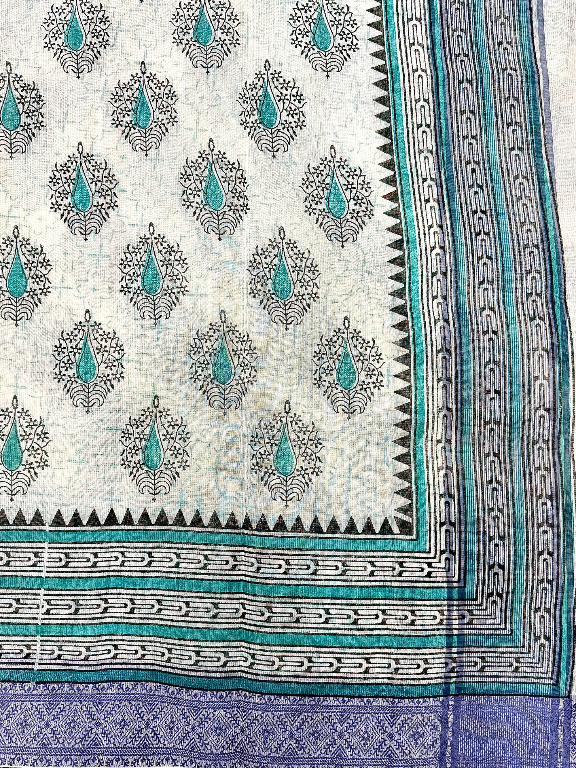 Off White Supernet Cotton Saree with Teal Leaf Embroidery & Contrast Border