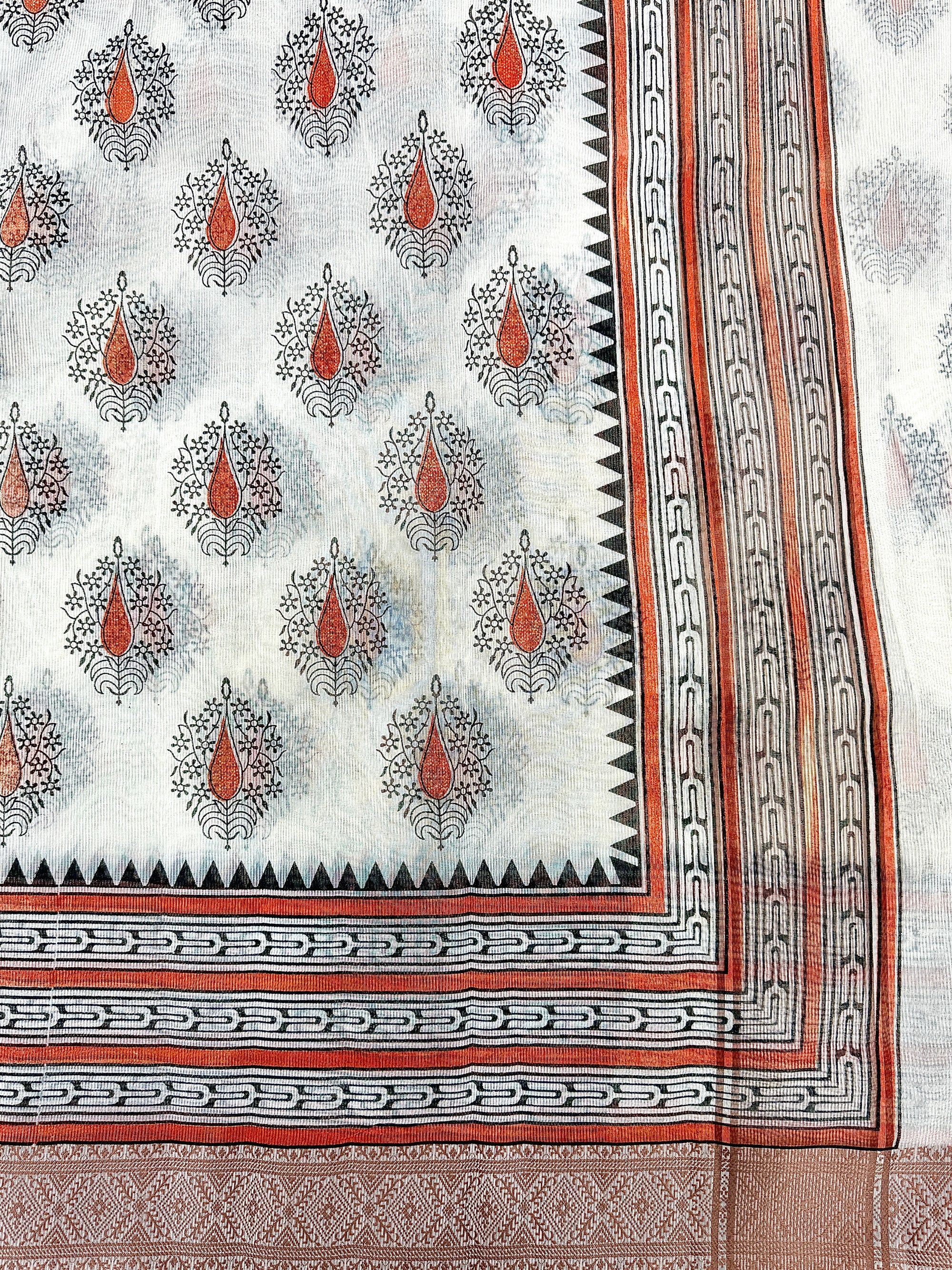 Off White Supernet Cotton Saree with Coral Leaf Embroidery & Contrast Border