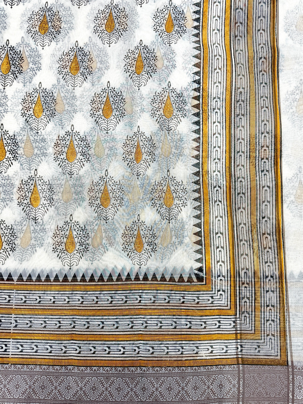 Off White Supernet Cotton Saree with Mustard Leaf Embroidery & Contrast Border