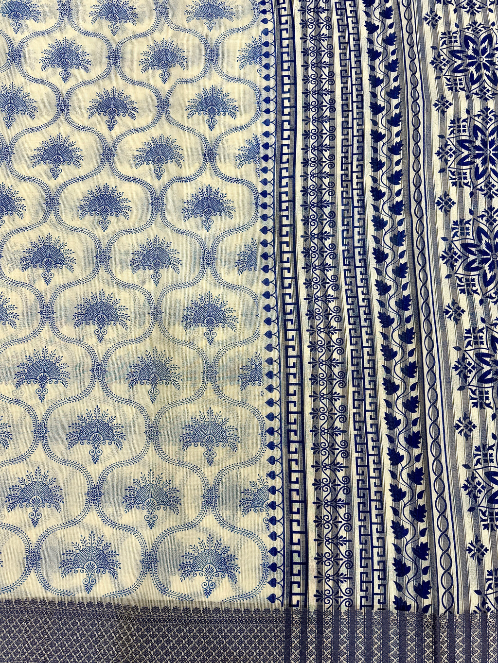 Off White Supernet Cotton Saree with Indigo Floral Design & Contrast Border