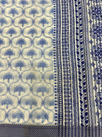 Off White Supernet Cotton Saree with Indigo Floral Design & Contrast Border