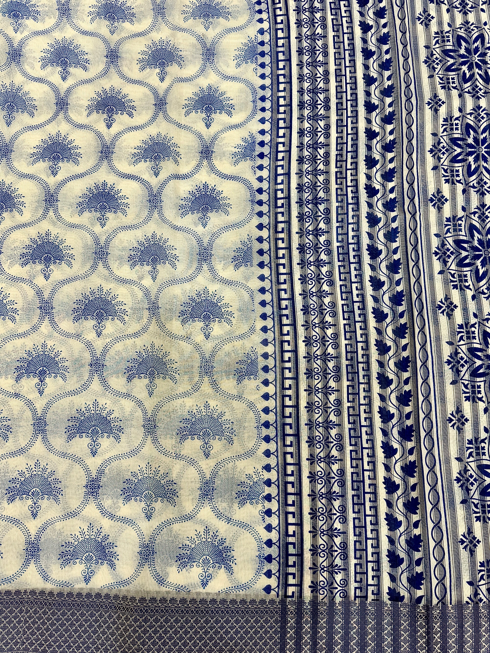Off White Supernet Cotton Saree with Indigo Floral Design & Contrast Border