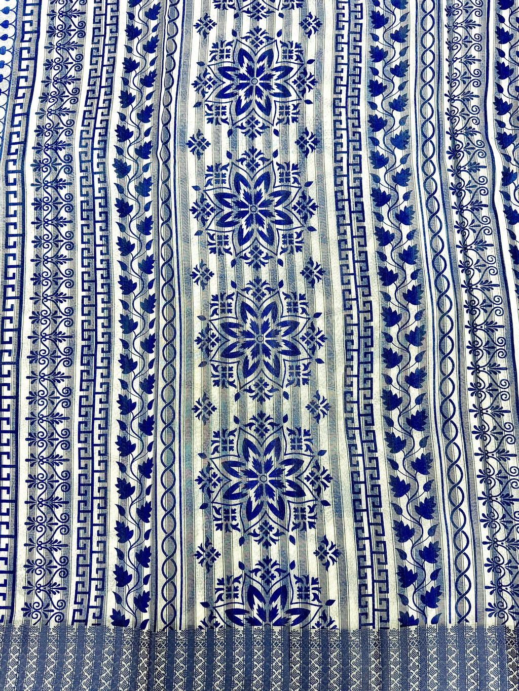 Off White Supernet Cotton Saree with Indigo Floral Design & Contrast Border
