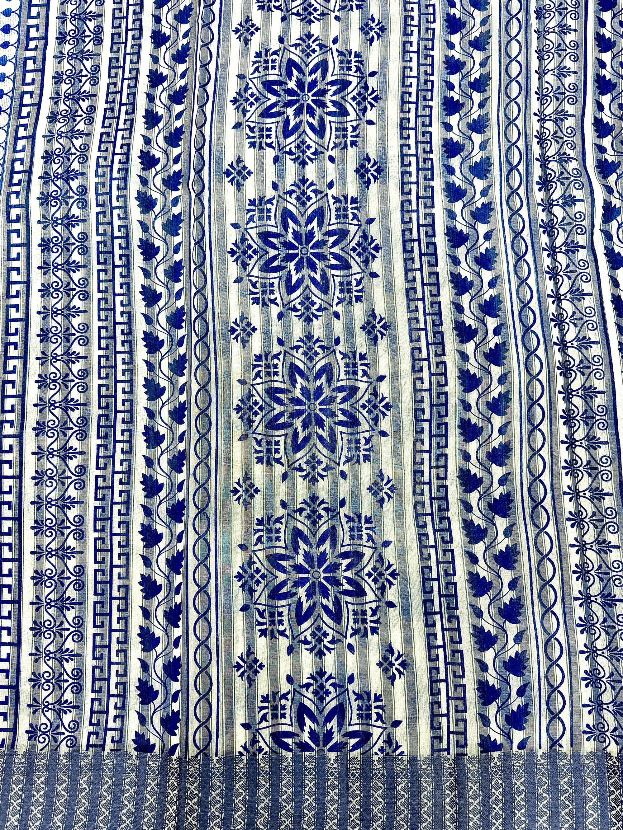 Off White Supernet Cotton Saree with Indigo Floral Design & Contrast Border