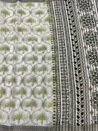 Off White Supernet Cotton Saree with Olive Floral Design & Contrast Border