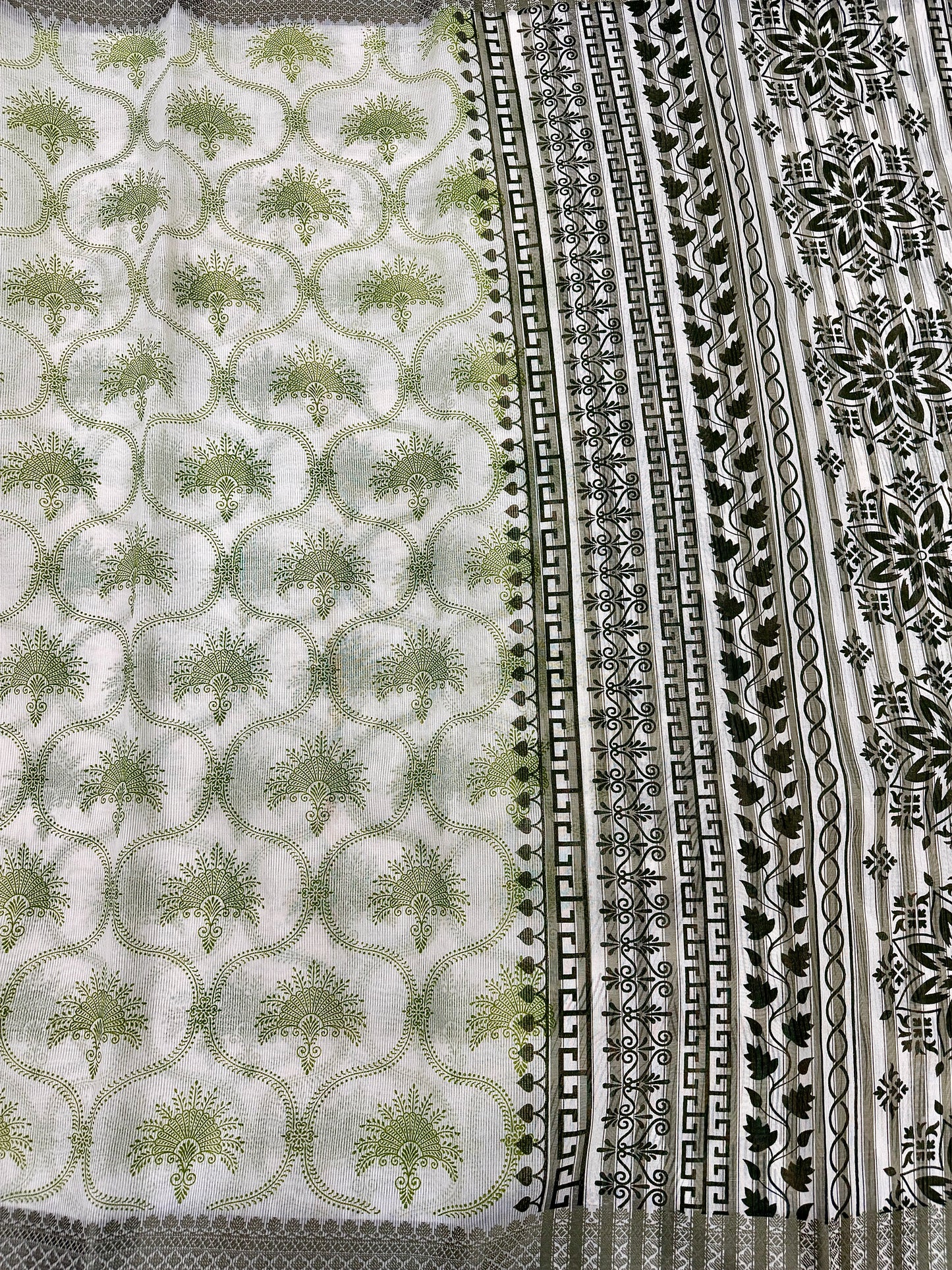 Off White Supernet Cotton Saree with Olive Floral Design & Contrast Border