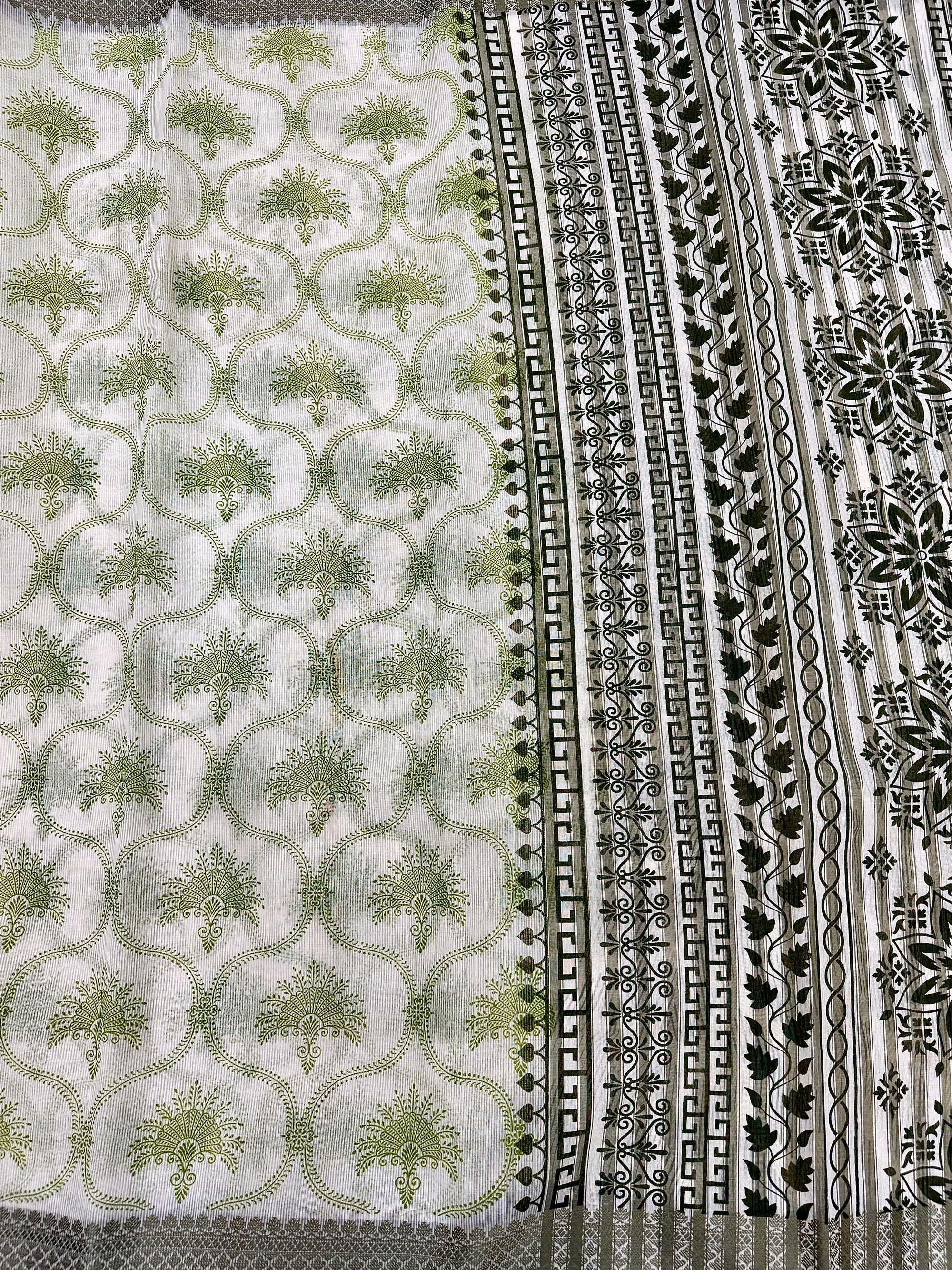 Off White Supernet Cotton Saree with Olive Floral Design & Contrast Border
