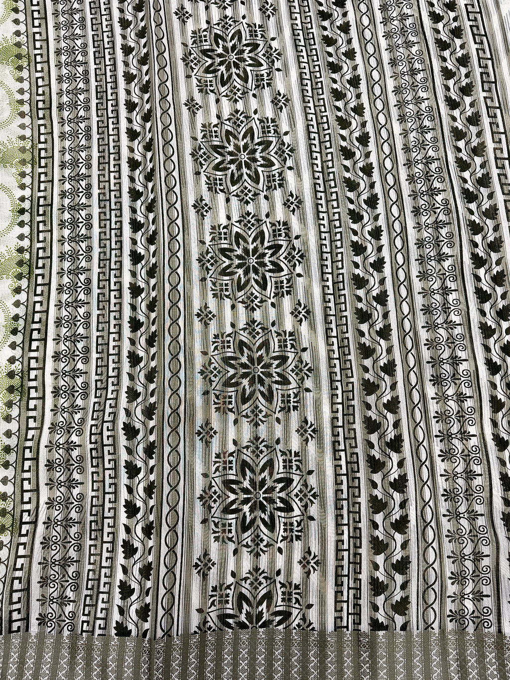Off White Supernet Cotton Saree with Olive Floral Design & Contrast Border