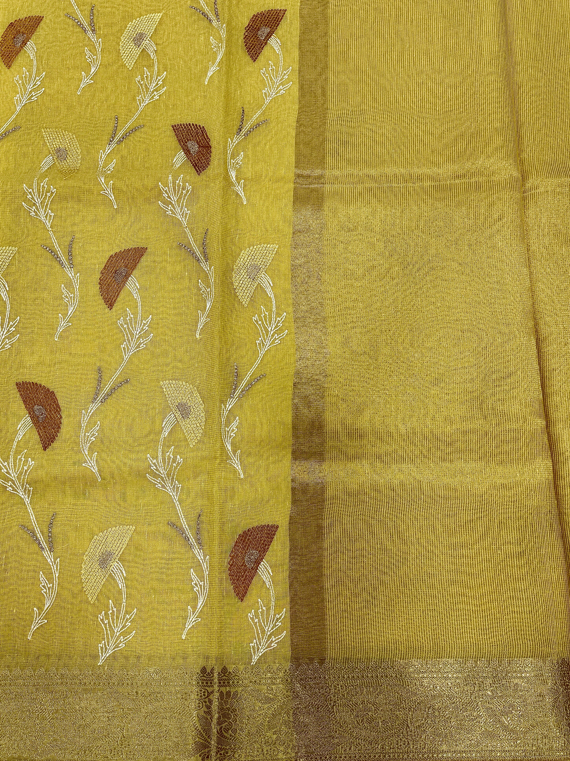 Mustard Yellow Linen Tissue Saree with Embroidery