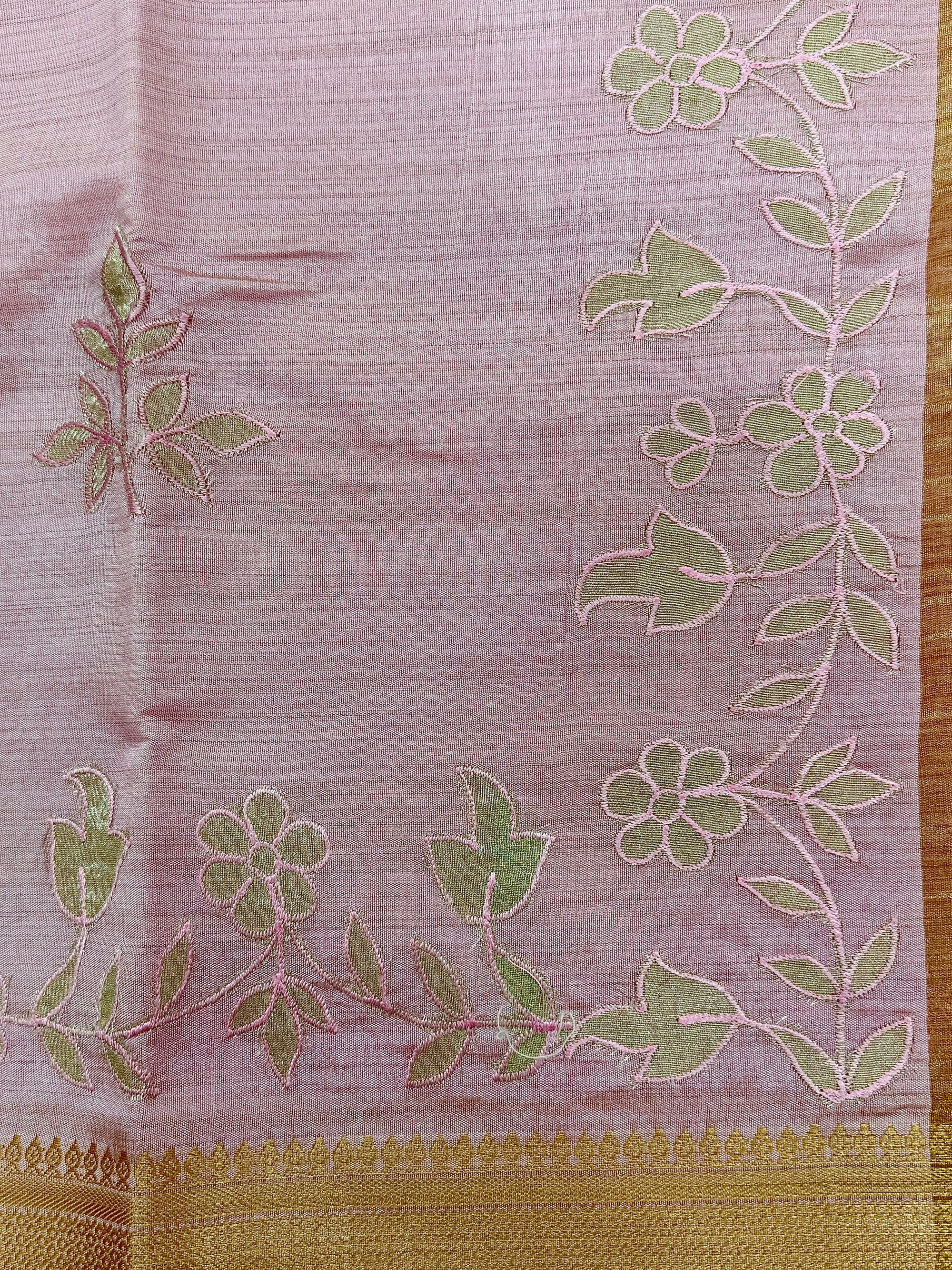 Baby Pink Semi Tussar Saree with Appliqué Embroidery