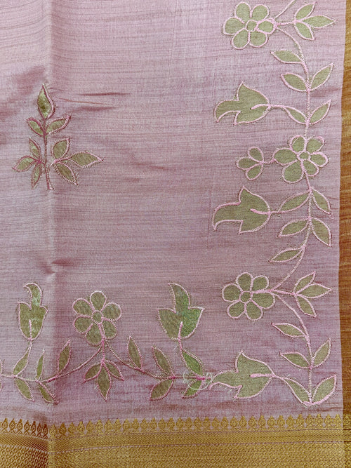 Baby Pink Semi Tussar Saree with Appliqué Embroidery