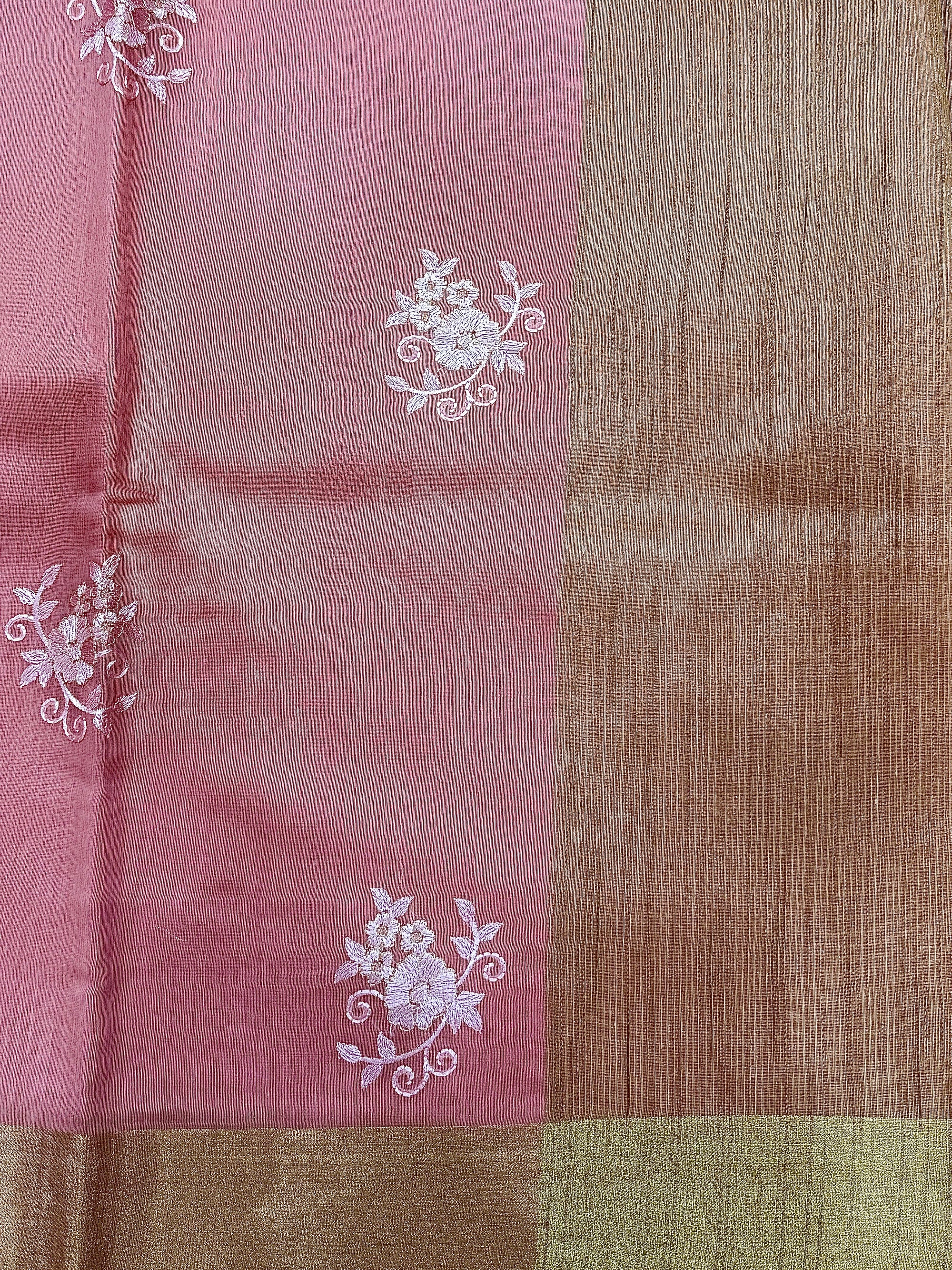 Dusty Rose Chanderi Cotton Saree with Embroidery