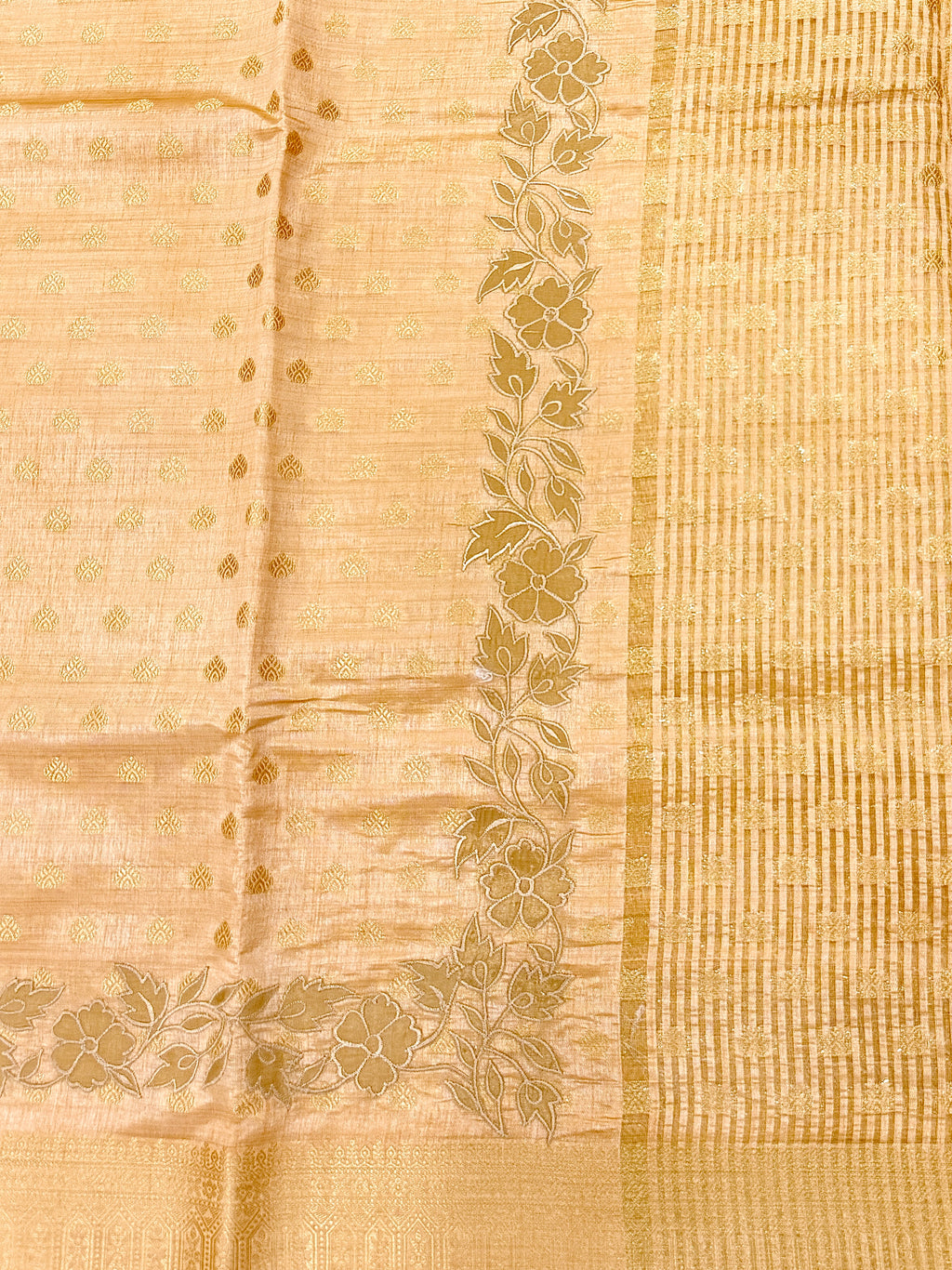 Peach Gold Semi Tussar Saree with Body Weaving & Appliqué Embroidery