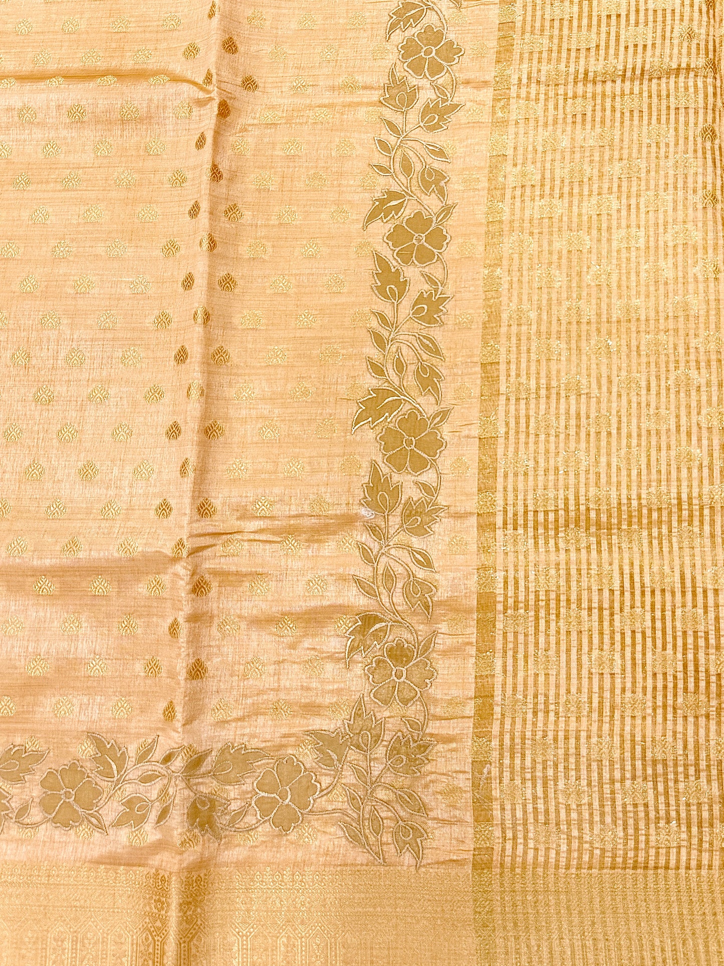 Peach Gold Semi Tussar Saree with Body Weaving & Appliqué Embroidery