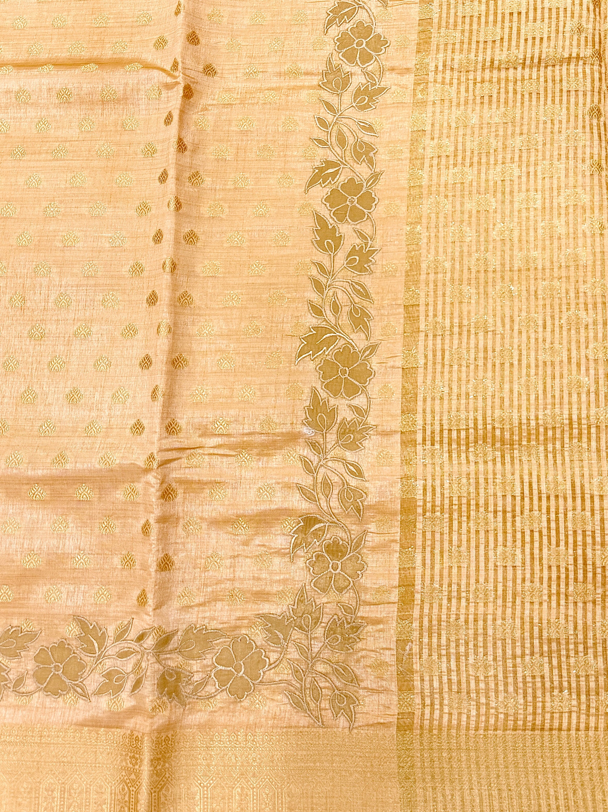 Peach Gold Semi Tussar Saree with Body Weaving & Appliqué Embroidery
