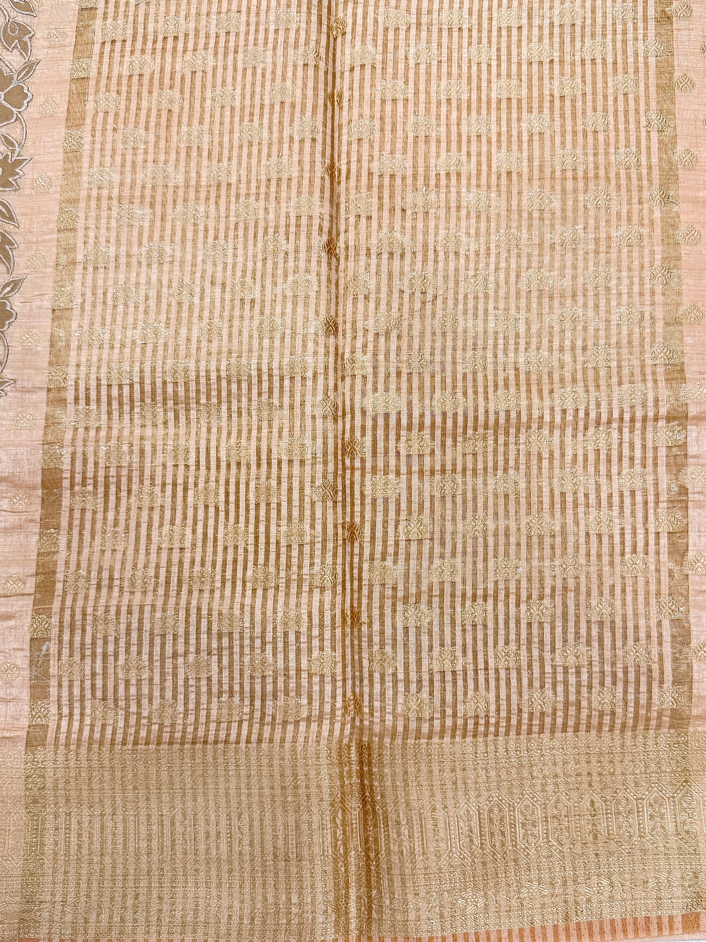 Peach Gold Semi Tussar Saree with Body Weaving & Appliqué Embroidery