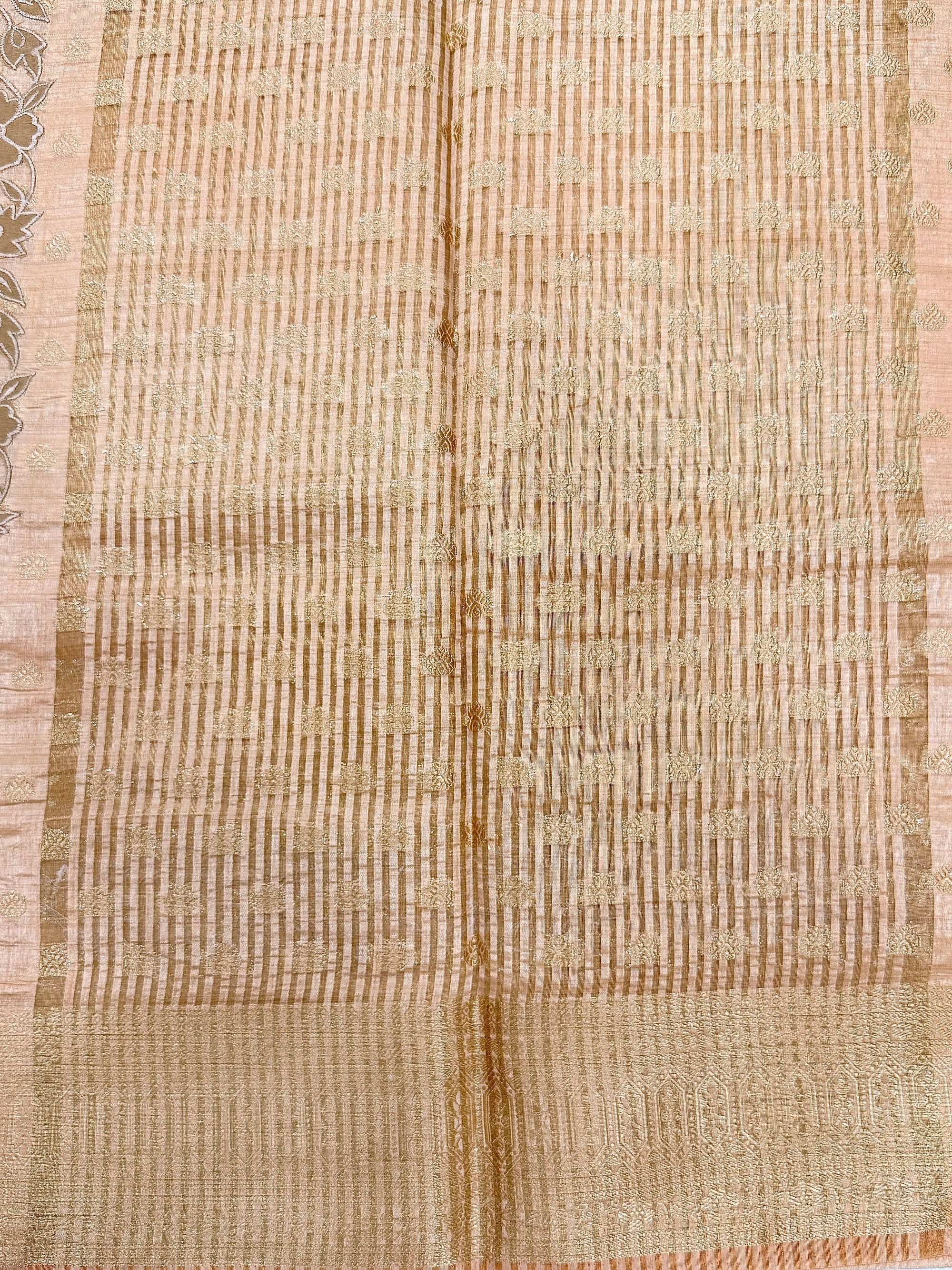 Peach Gold Semi Tussar Saree with Body Weaving & Appliqué Embroidery