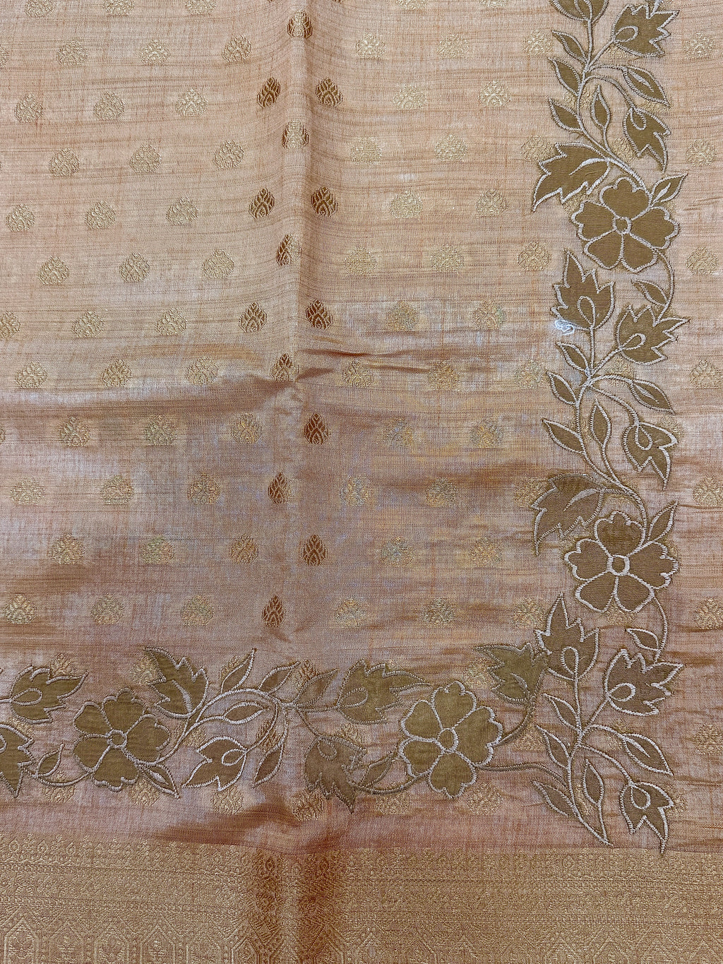 Peach Gold Semi Tussar Saree with Body Weaving & Appliqué Embroidery
