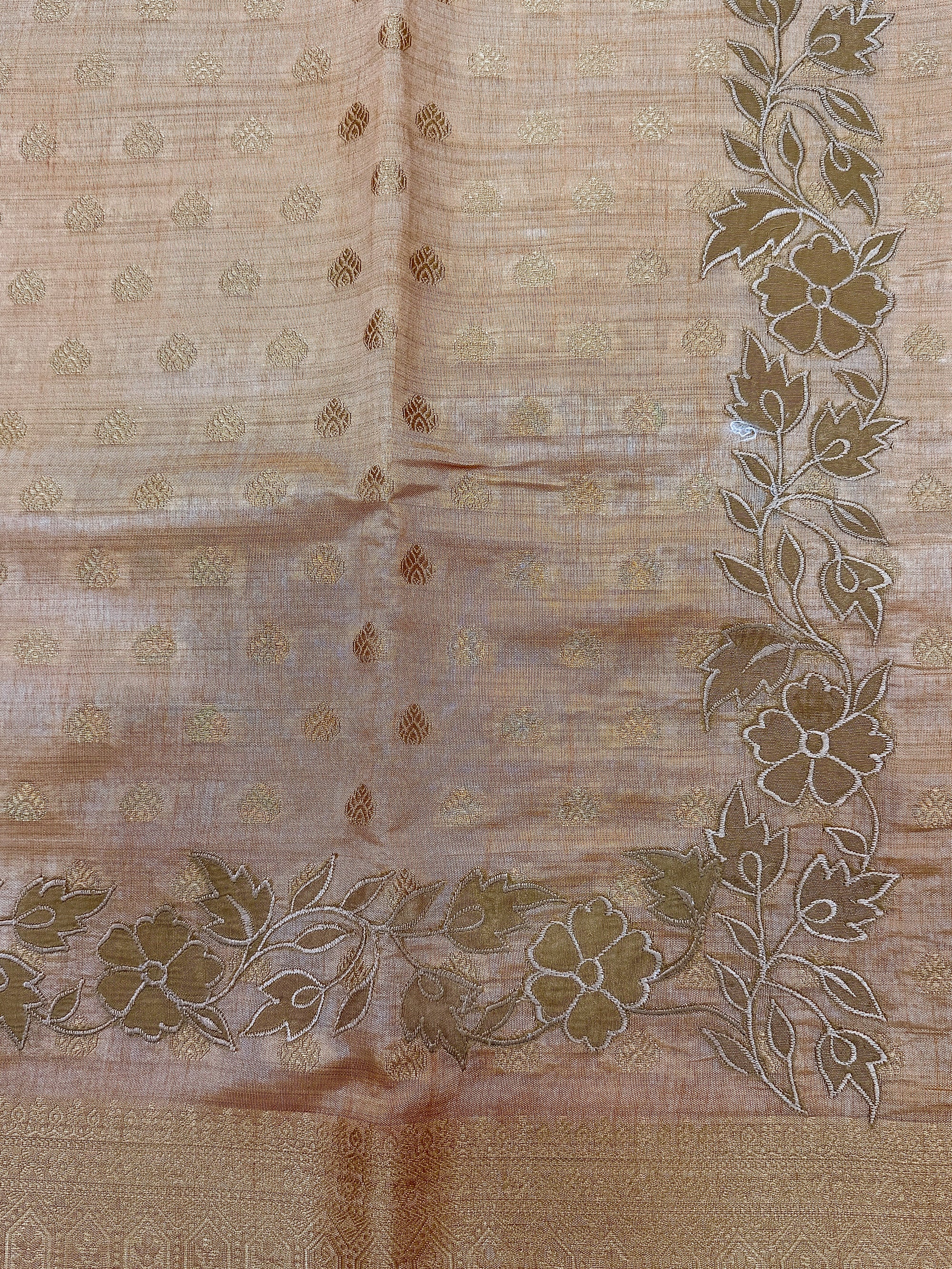 Peach Gold Semi Tussar Saree with Body Weaving & Appliqué Embroidery